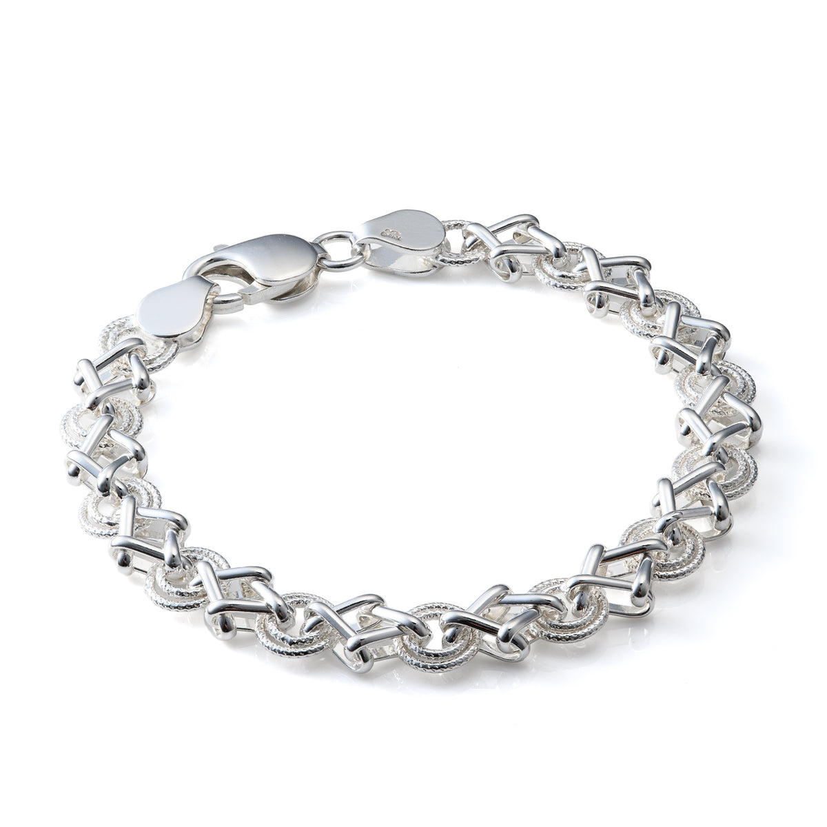 Sterling Silver 8mm Textured Square and Round Link  7.5" Bracelet with Lobster Clasp