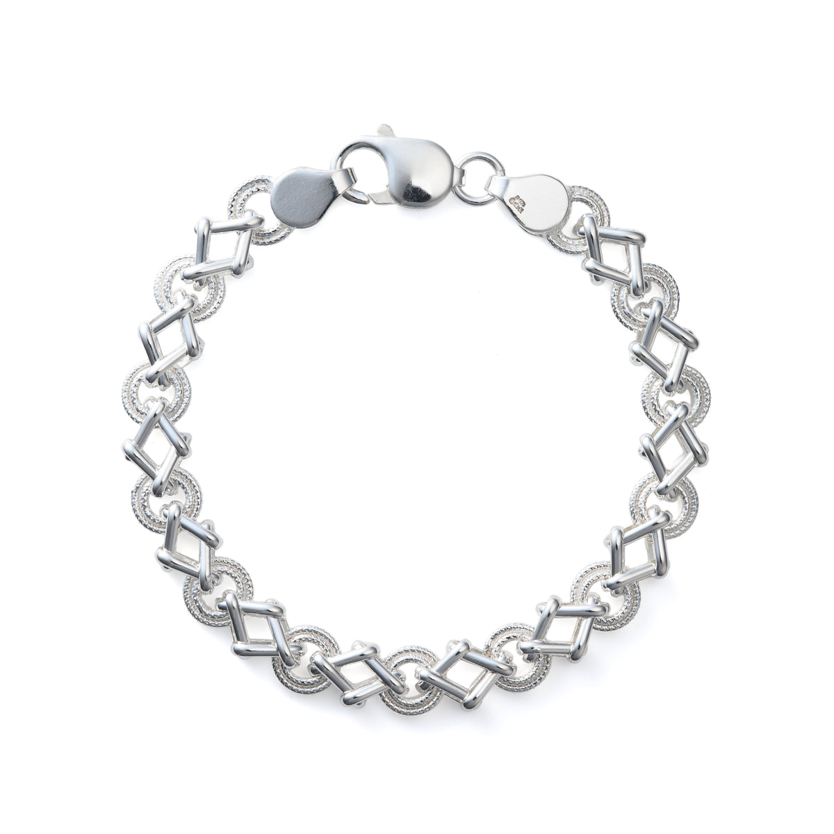 Sterling Silver 8mm Textured Square and Round Link  7.5" Bracelet with Lobster Clasp
