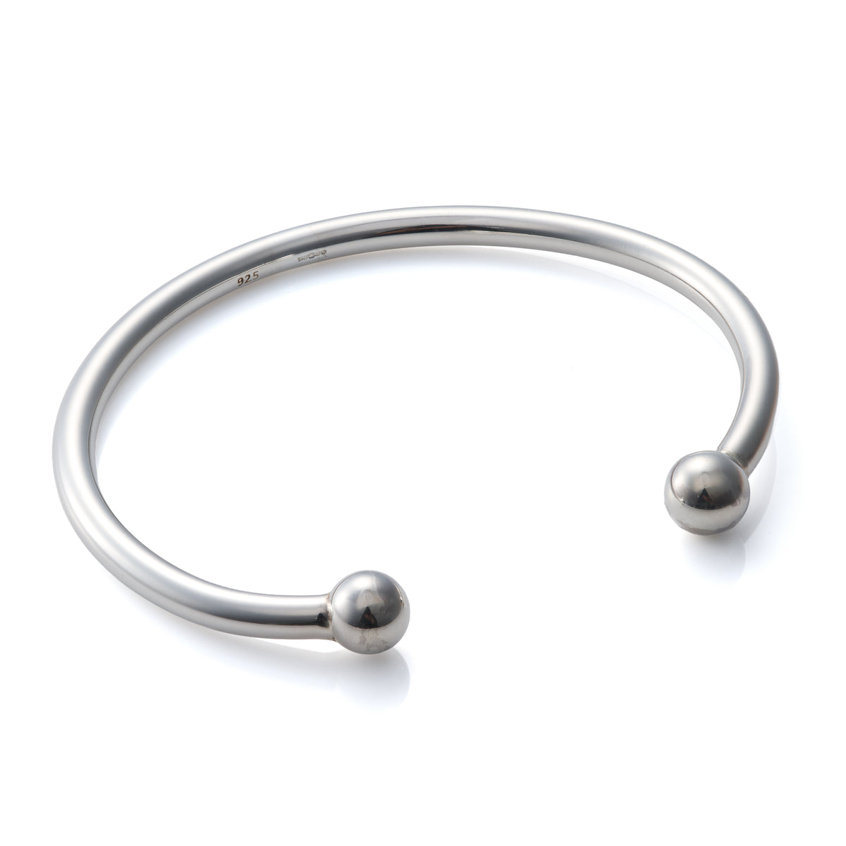Sterling Silver Torque Bangle with 4mm Width Band, 65mm Internal Diameter and 8mm Spherical Terminals