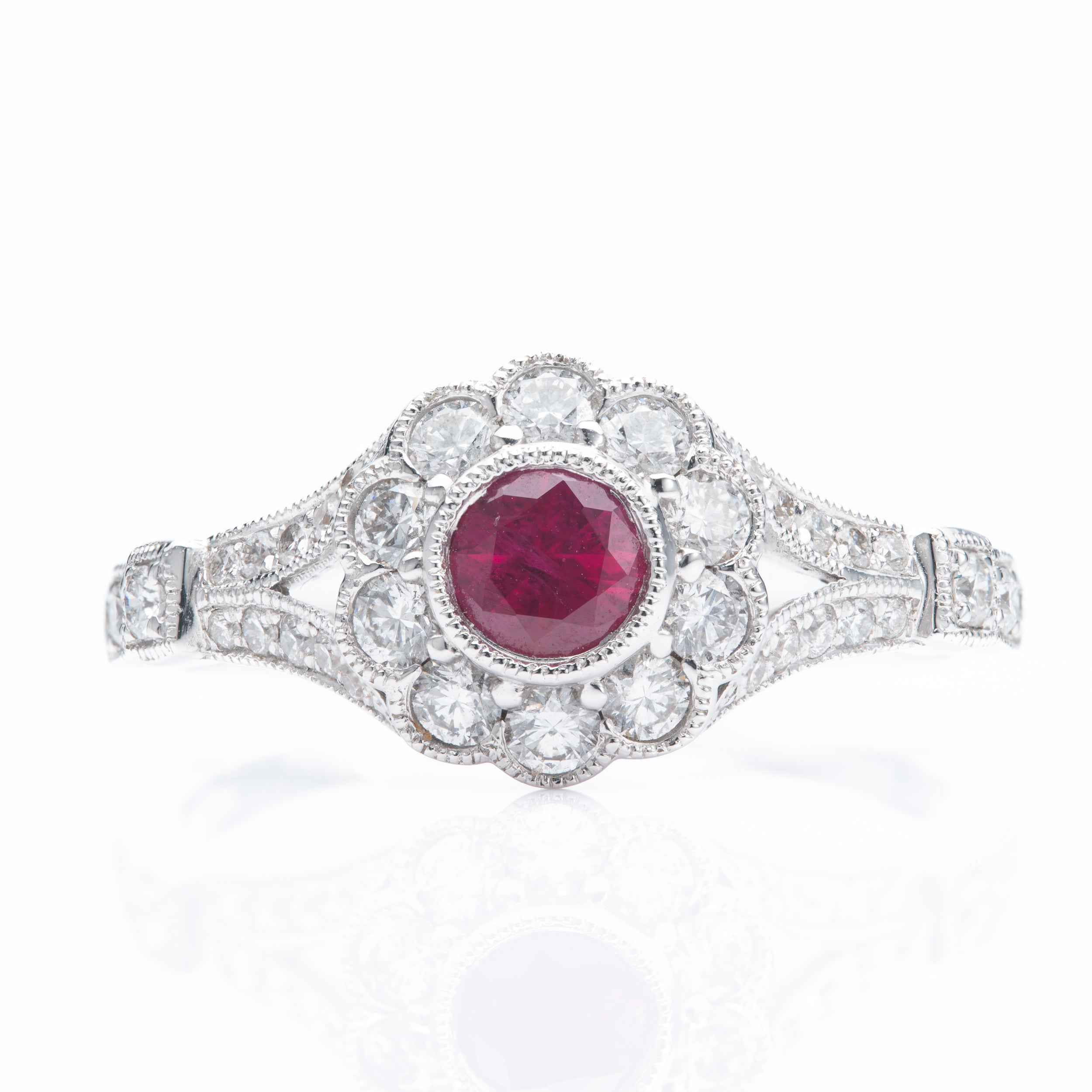 18ct White Gold Round Cut Ruby & Round Brilliant Cut Diamond Flower Cluster Ring