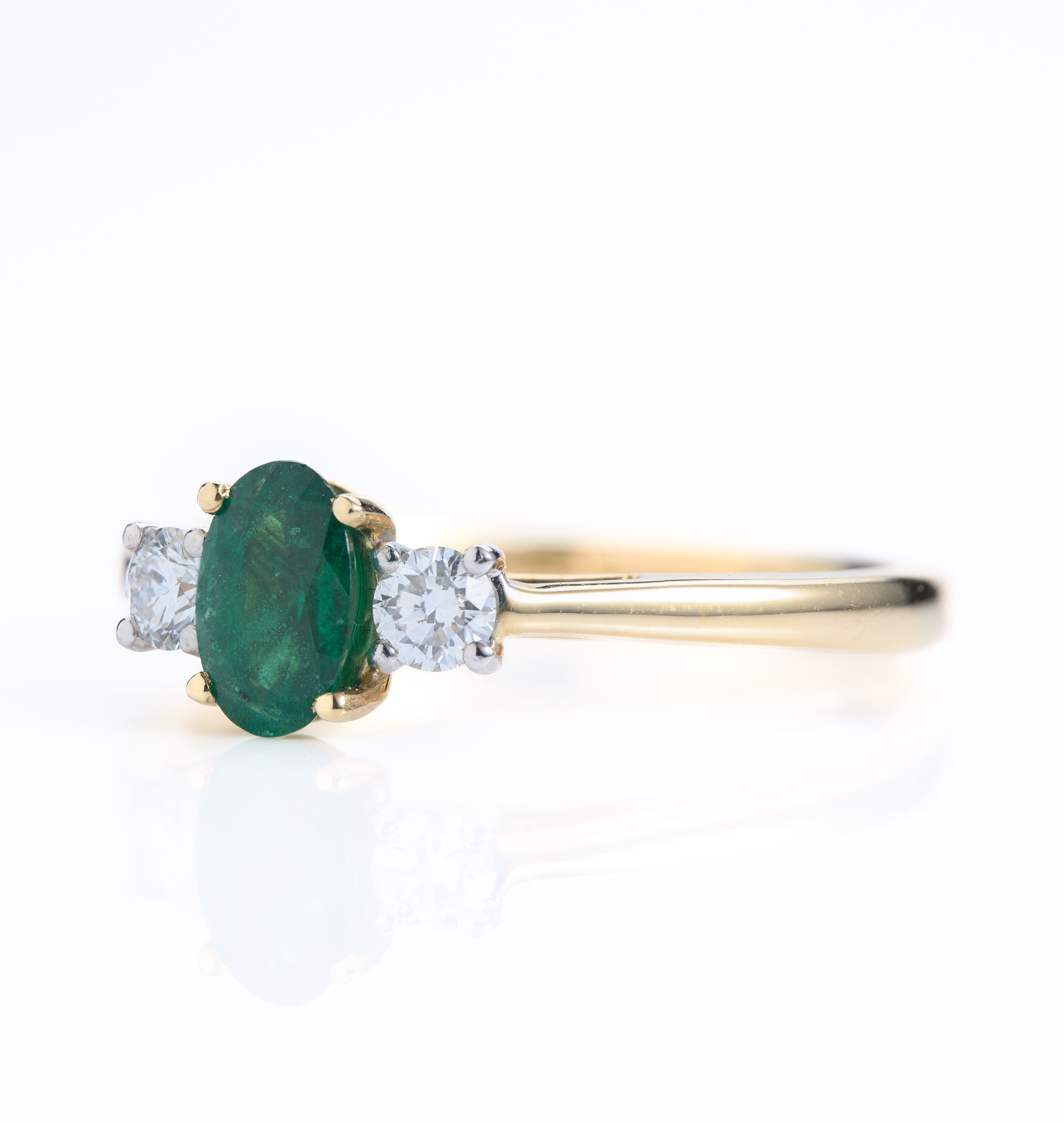 18ct Yellow Gold & Platinum Oval Cut Emerald & Round Brilliant Cut Diamond Trilogy Ring