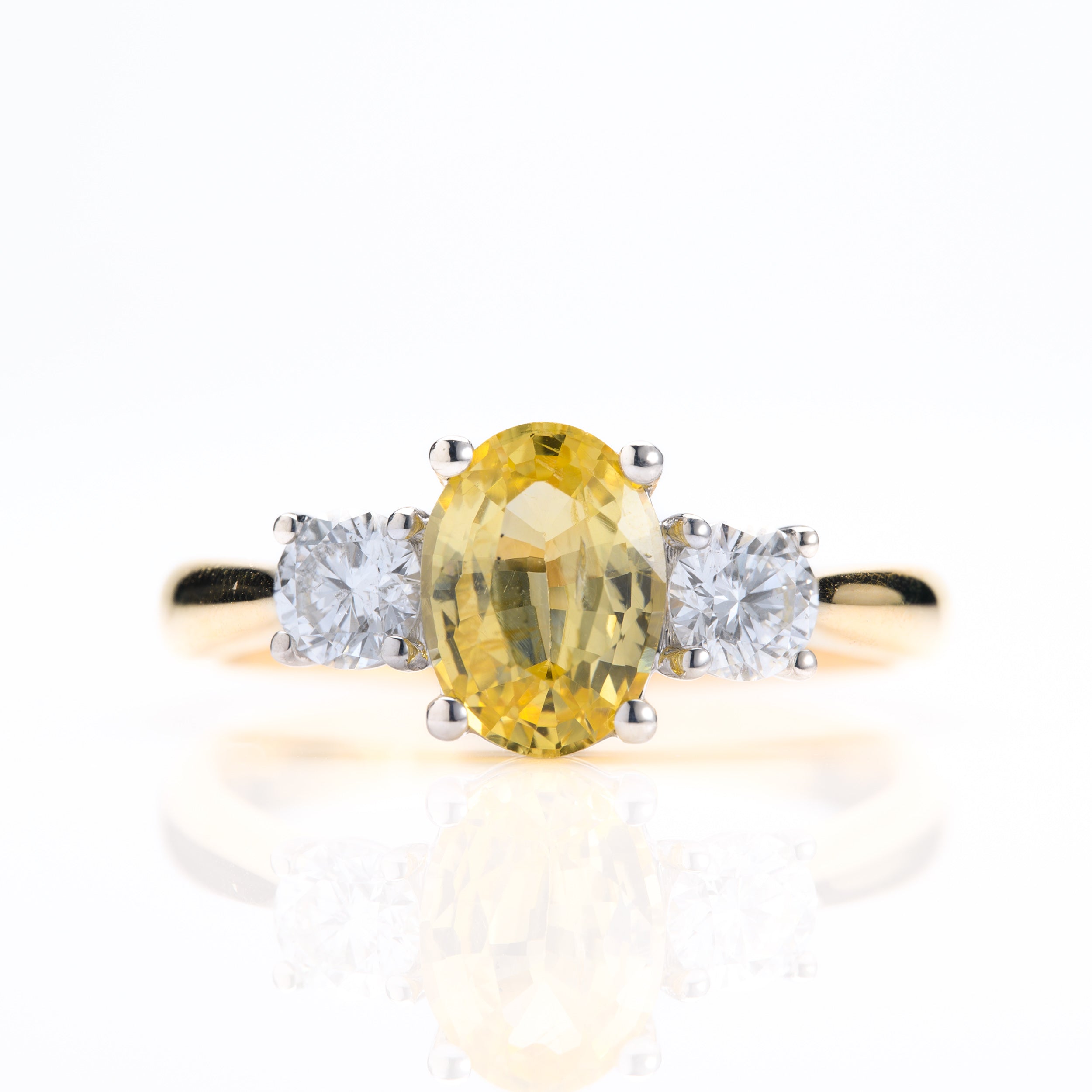 18ct Yellow Gold & Platinum Oval Cut Yellow Sapphire & Round Brilliant Cut Diamond Trilogy Ring