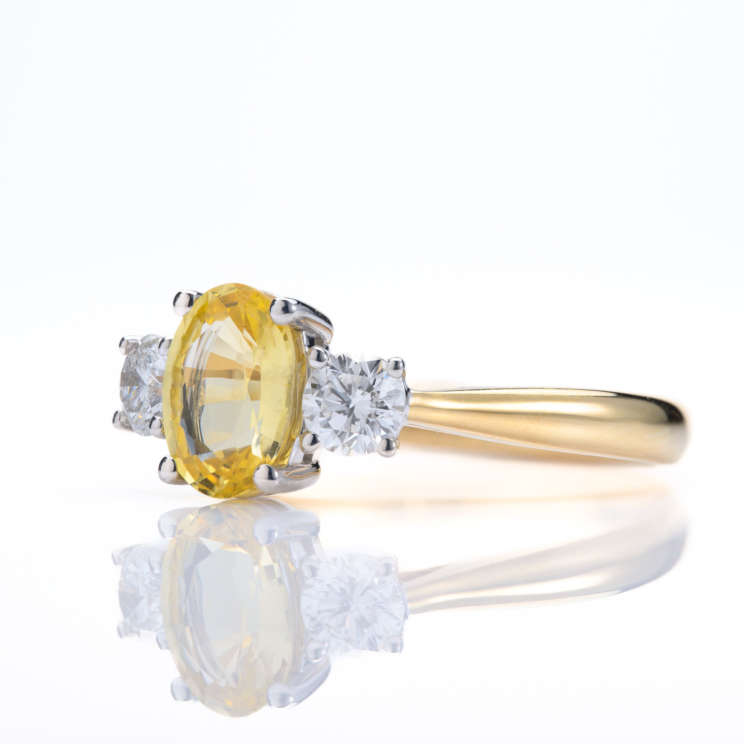 18ct Yellow Gold & Platinum Oval Cut Yellow Sapphire & Round Brilliant Cut Diamond Trilogy Ring