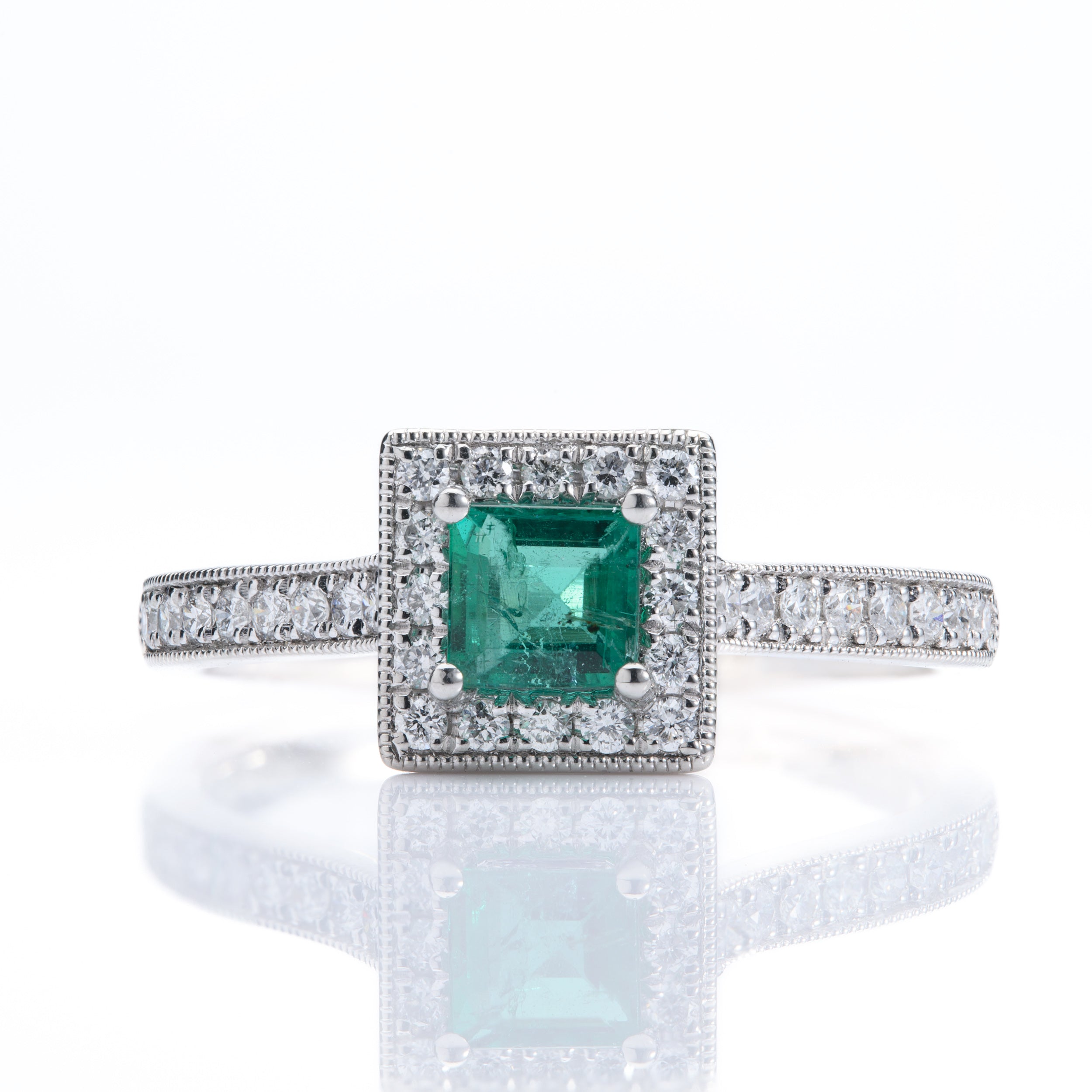 Platinum Princess Cut Emerald & Round Brilliant Cut Diamond Halo Cluster Ring with Diamond Shoulders
