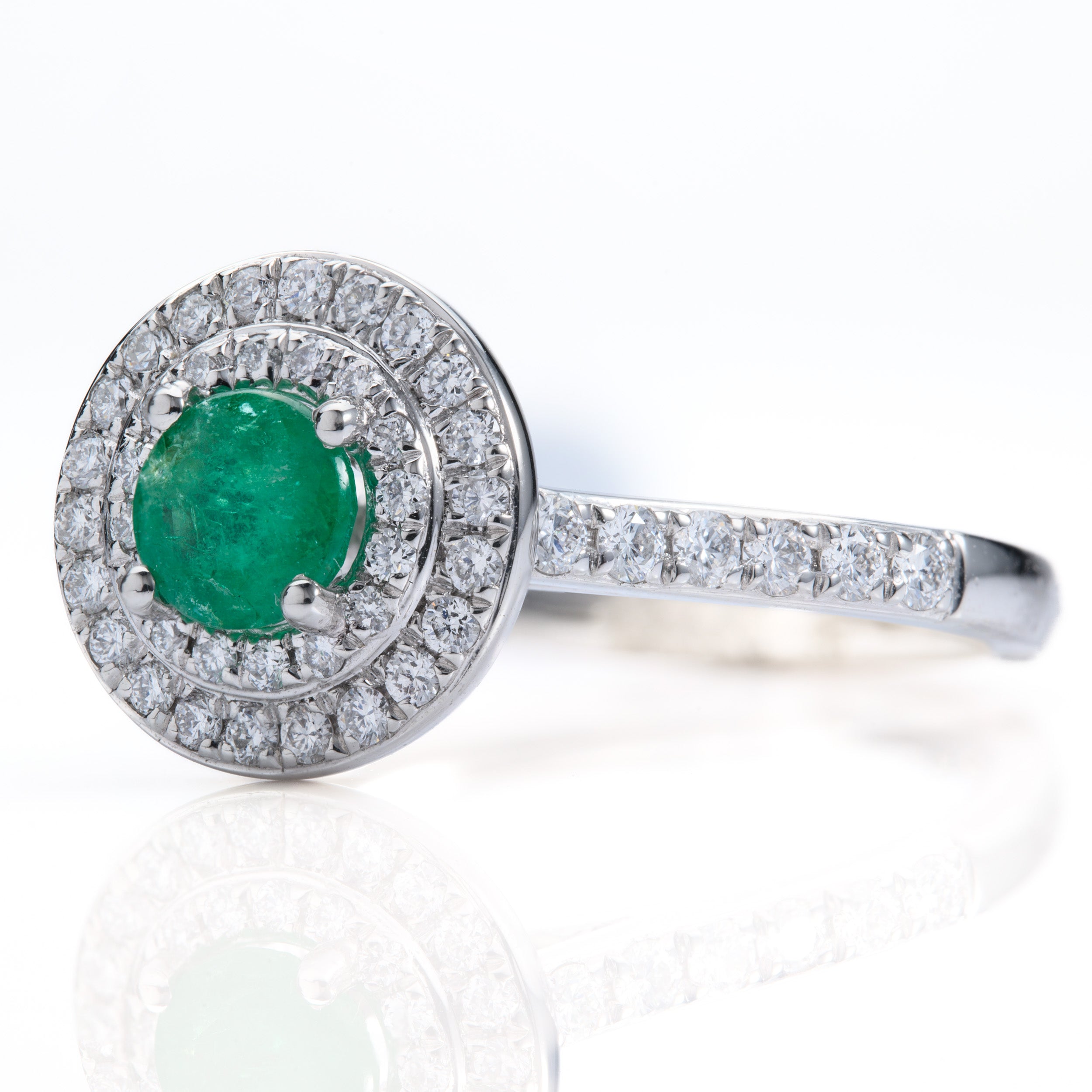 Platinum Round Cut Emerald & Round Brilliant Cut Diamond Double Halo Cluster Ring