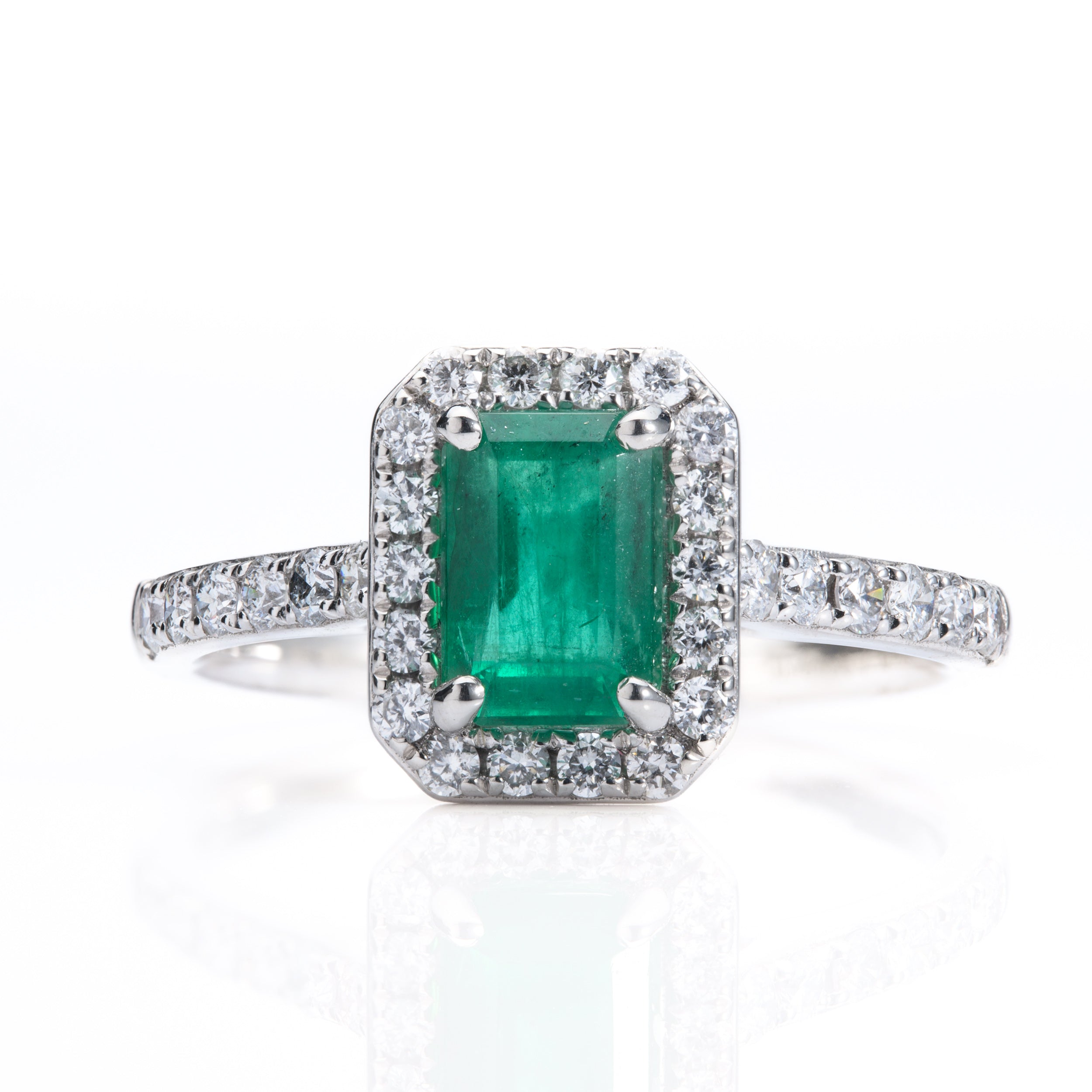 Platinum Rectangular Cut Emerald & Round Brilliant Cut Diamond Halo Cluster Ring with Diamond Shoulders