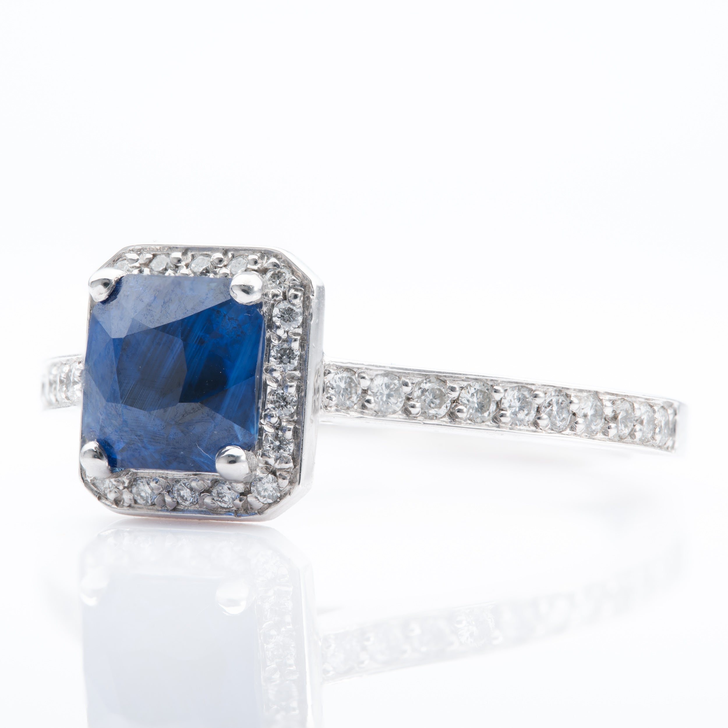 Platinum Cushion Cut Sapphire & Brilliant Cut Diamond Halo Ring