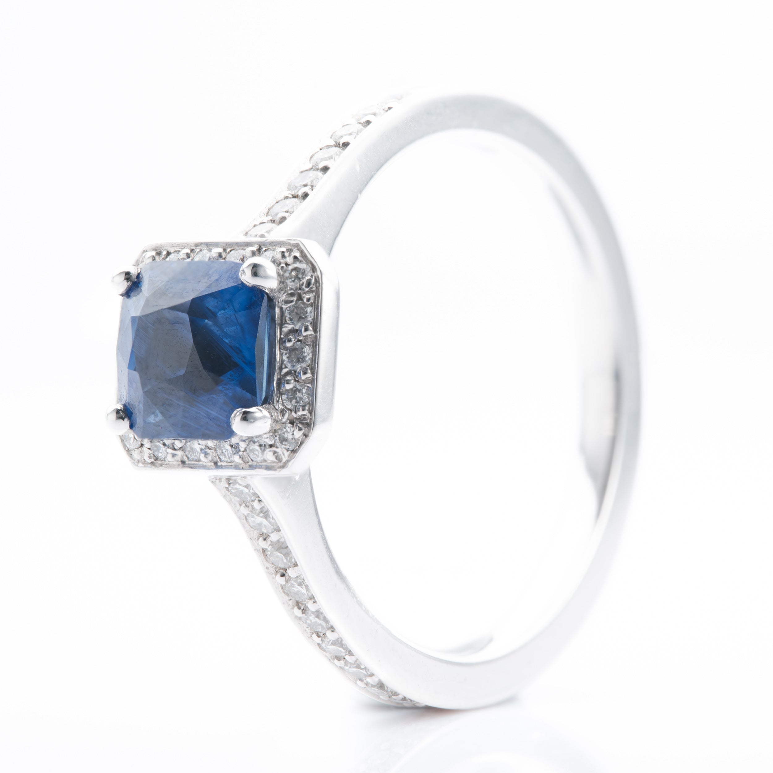 Platinum Cushion Cut Sapphire & Brilliant Cut Diamond Halo Ring