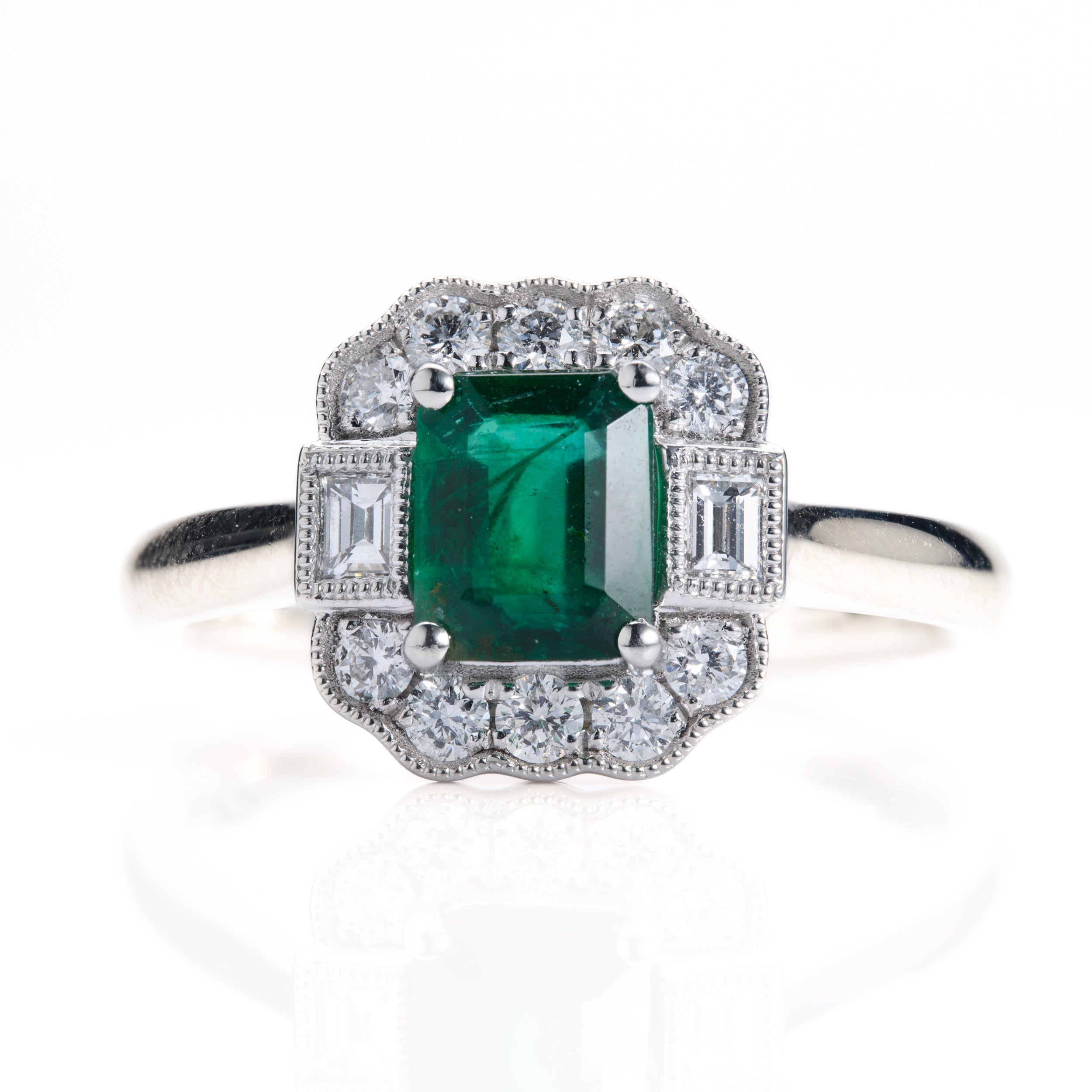 Platinum Octagonal Cut Emerald & Round Brilliant Cut Diamond Vintage Inspired Halo Cluster Ring