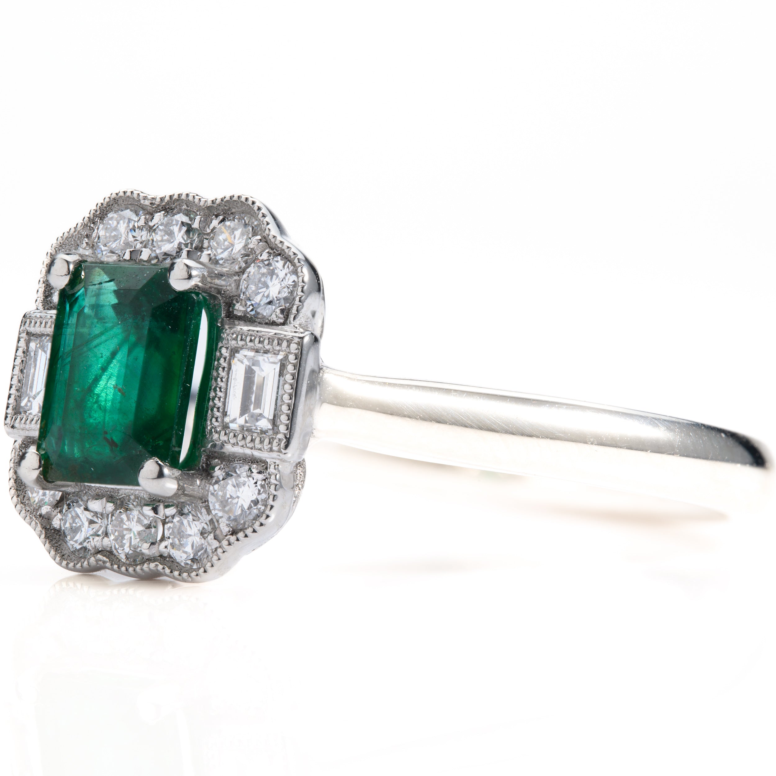 Platinum Octagonal Cut Emerald & Round Brilliant Cut Diamond Vintage Inspired Halo Cluster Ring