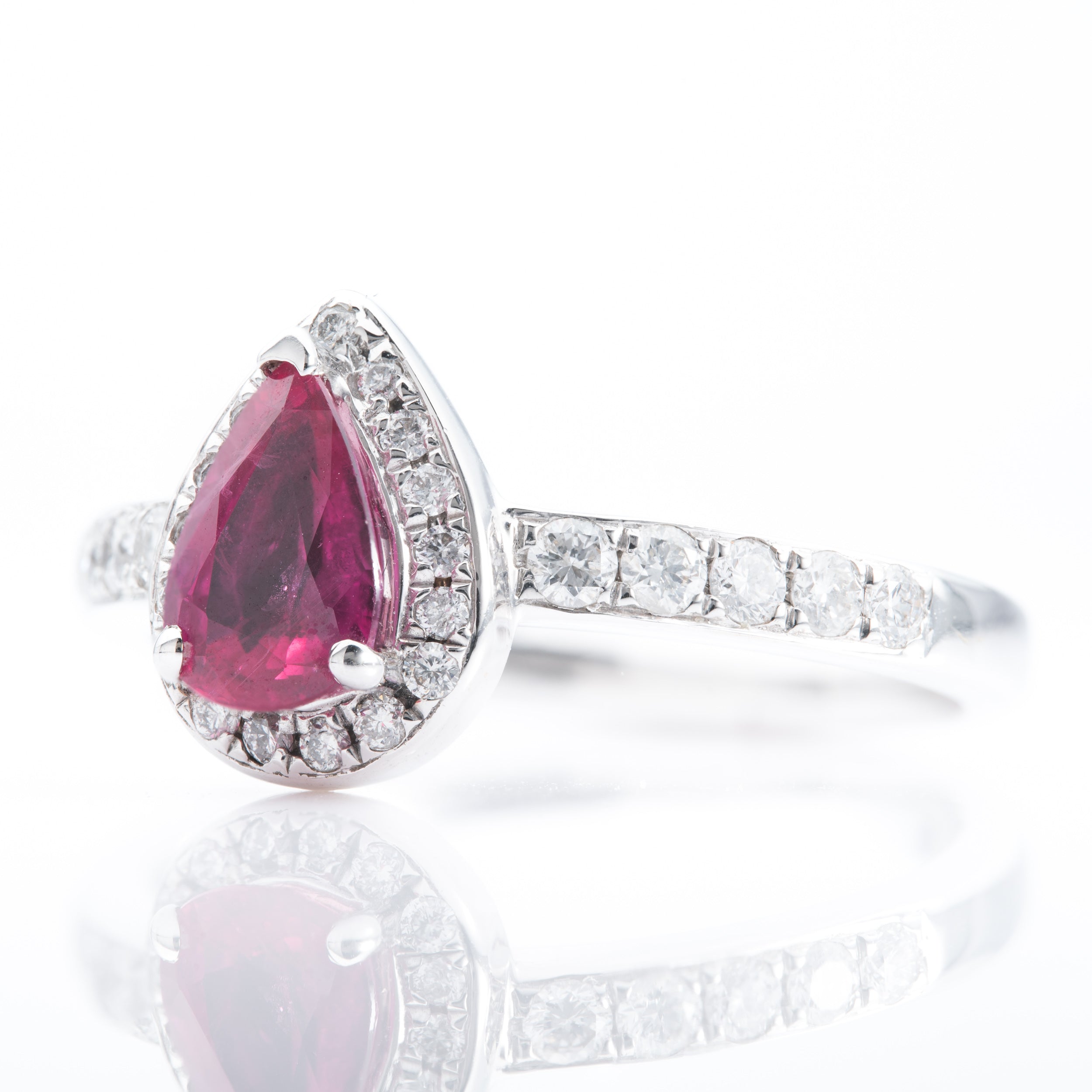 18ct White Gold Pear Cut Ruby & Diamond Halo Cluster Ring