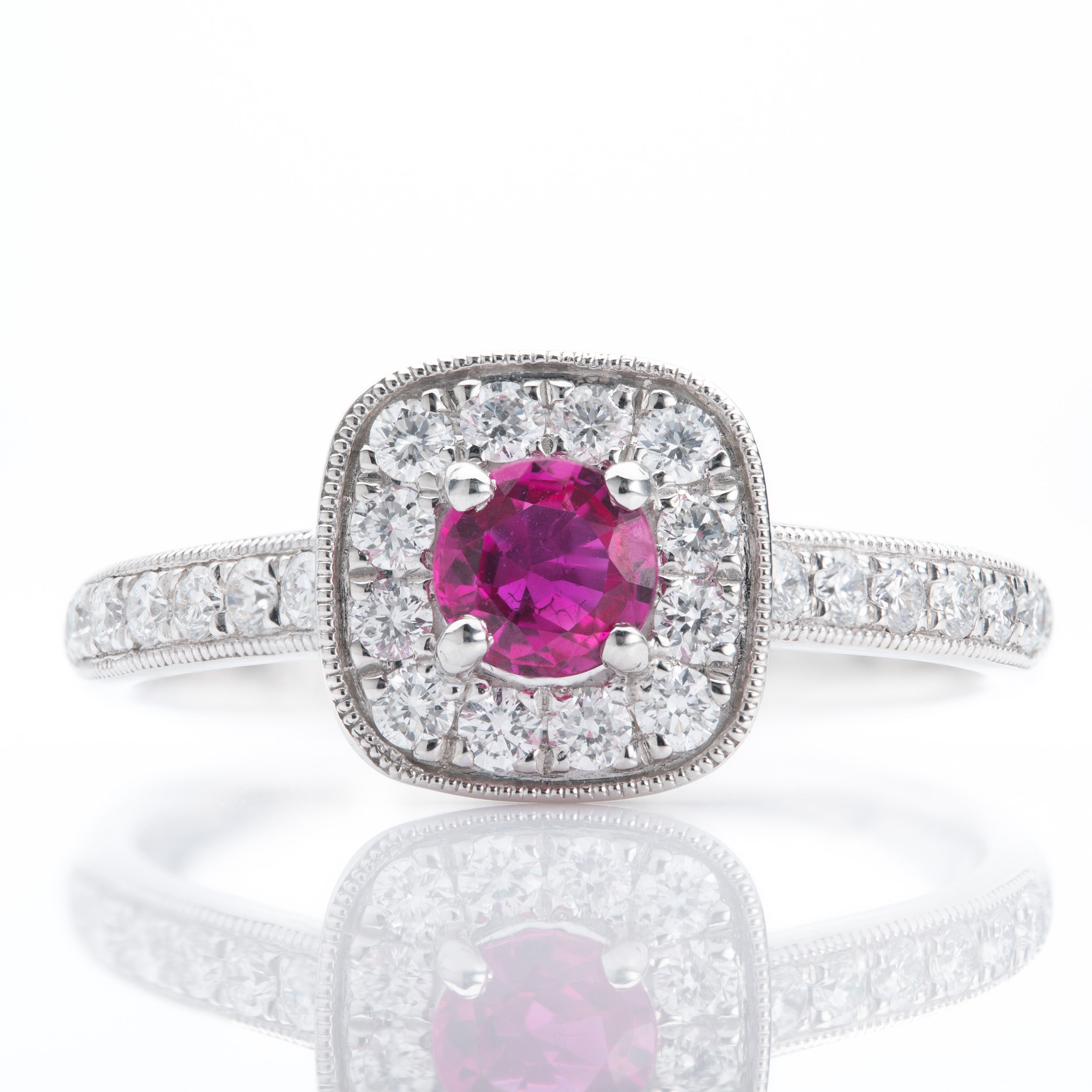 Platinum Ruby & Diamond Halo Cluster with Diamond Shoulders