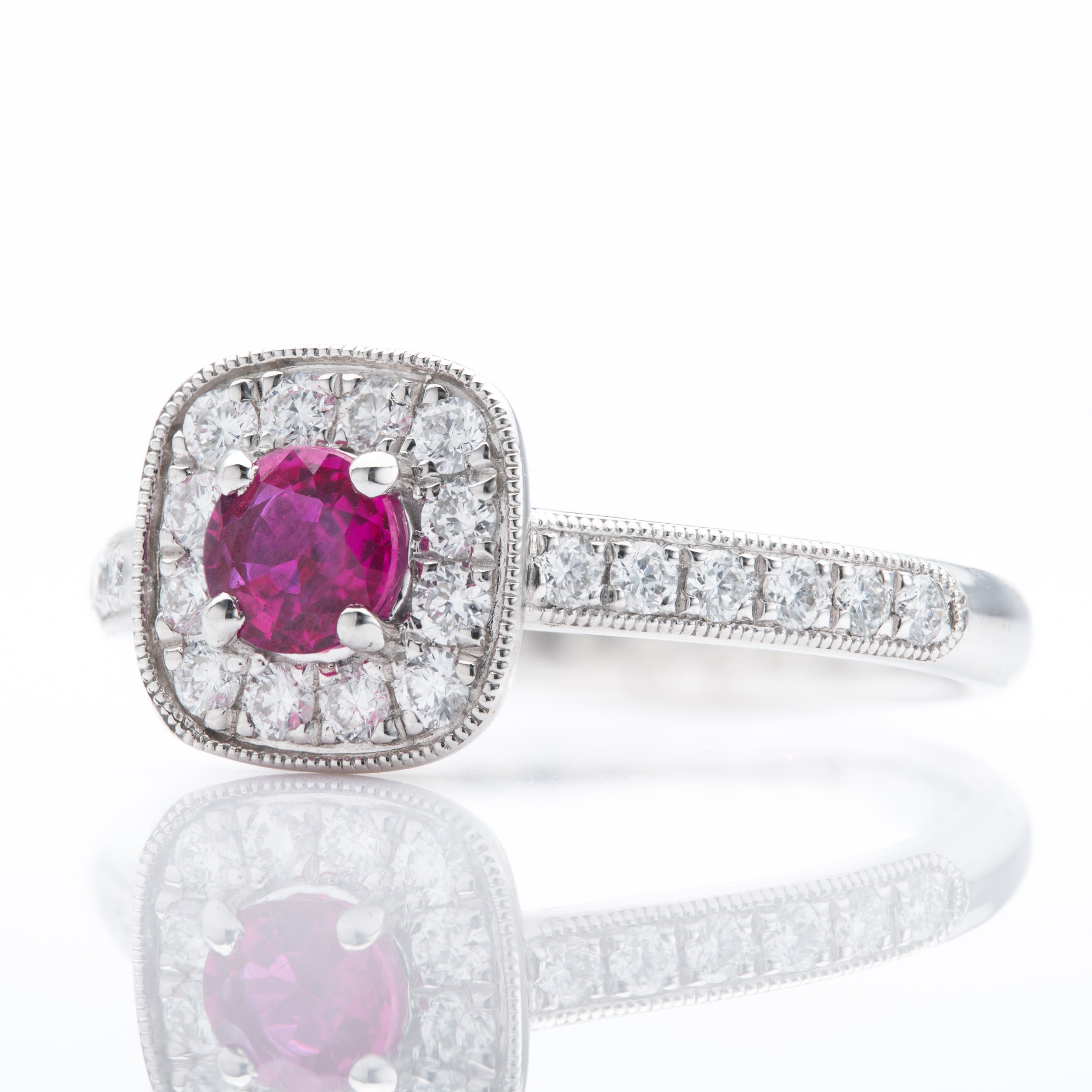 Platinum Ruby & Diamond Halo Cluster with Diamond Shoulders