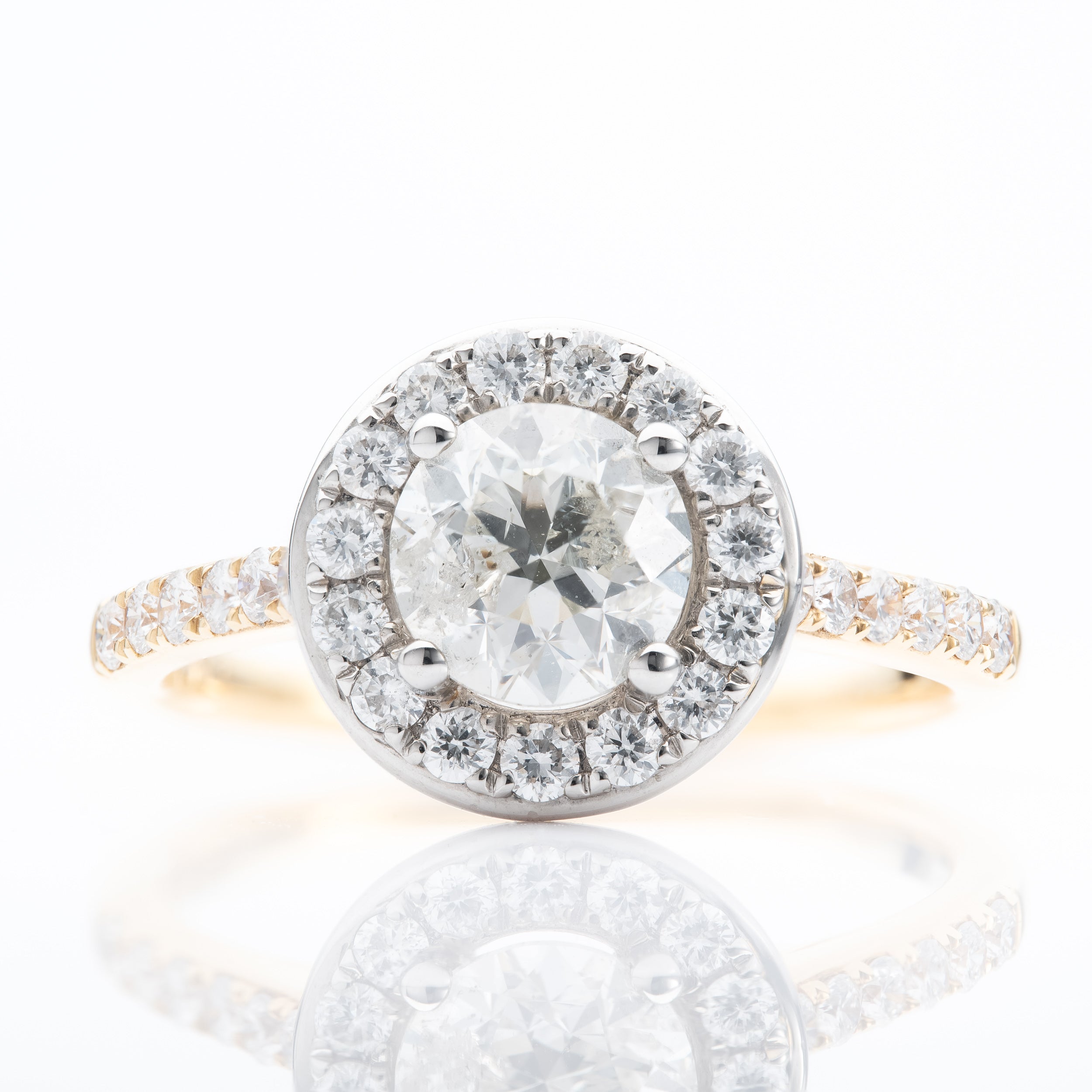 18ct Yellow & White 1.01ct Certificated Round Brilliant cut Diamond Halo Cluster Ring