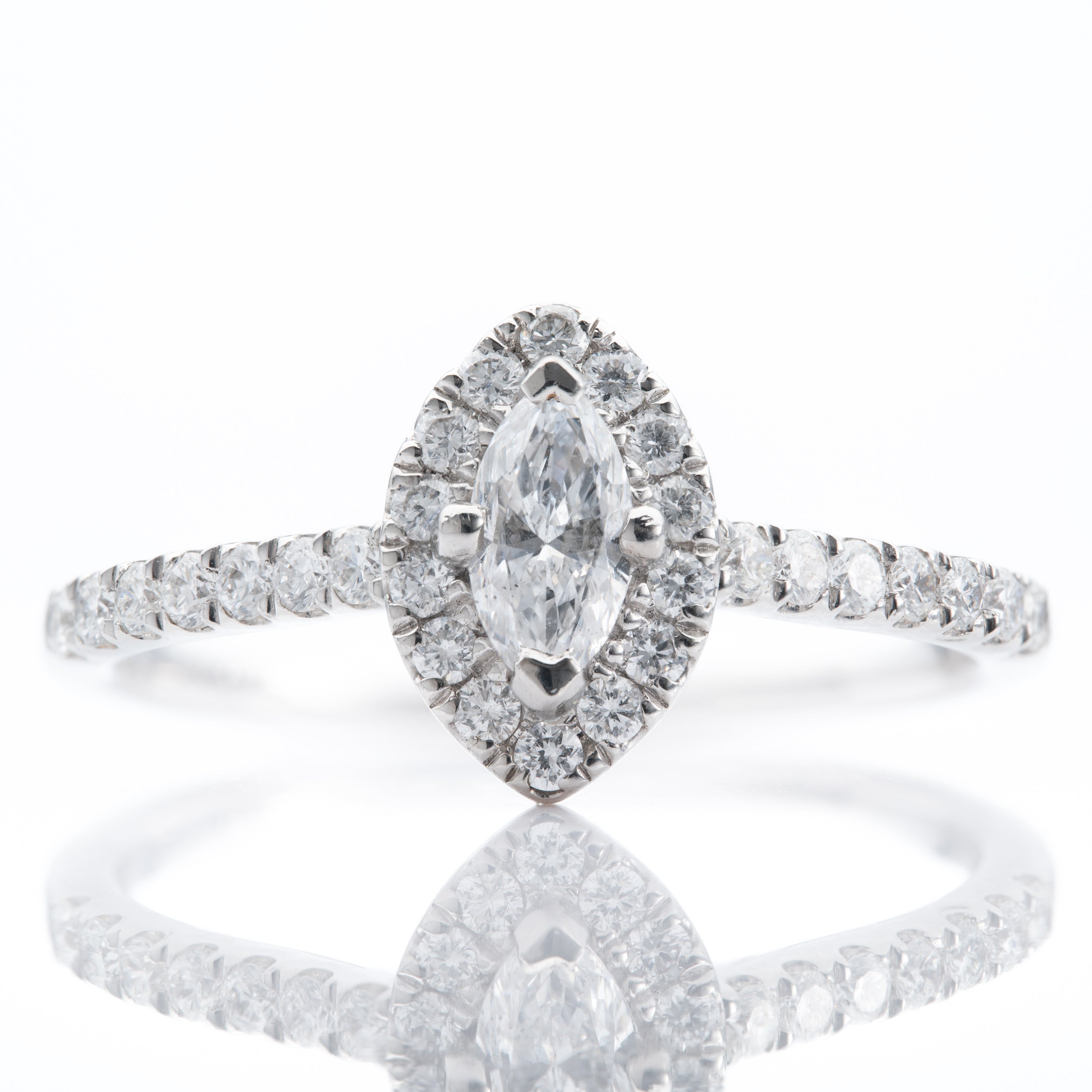 Platinum 0.24ct F SI1 Marquise Cut Diamond Halo Cluster Ring