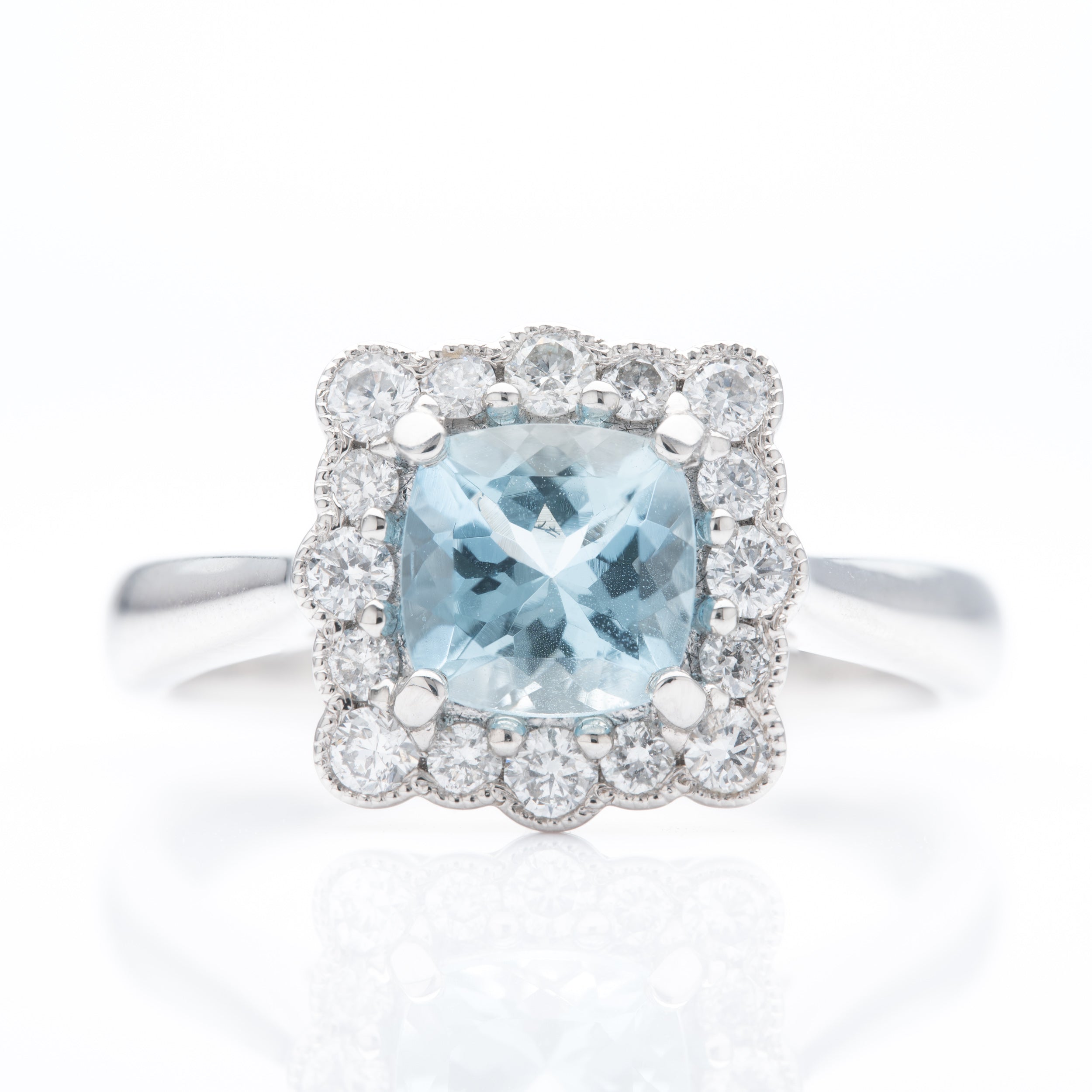 Platinum Cushion Cut Aquamarine & Round Brilliant Cut Diamond Vintage Inspired Halo Ring