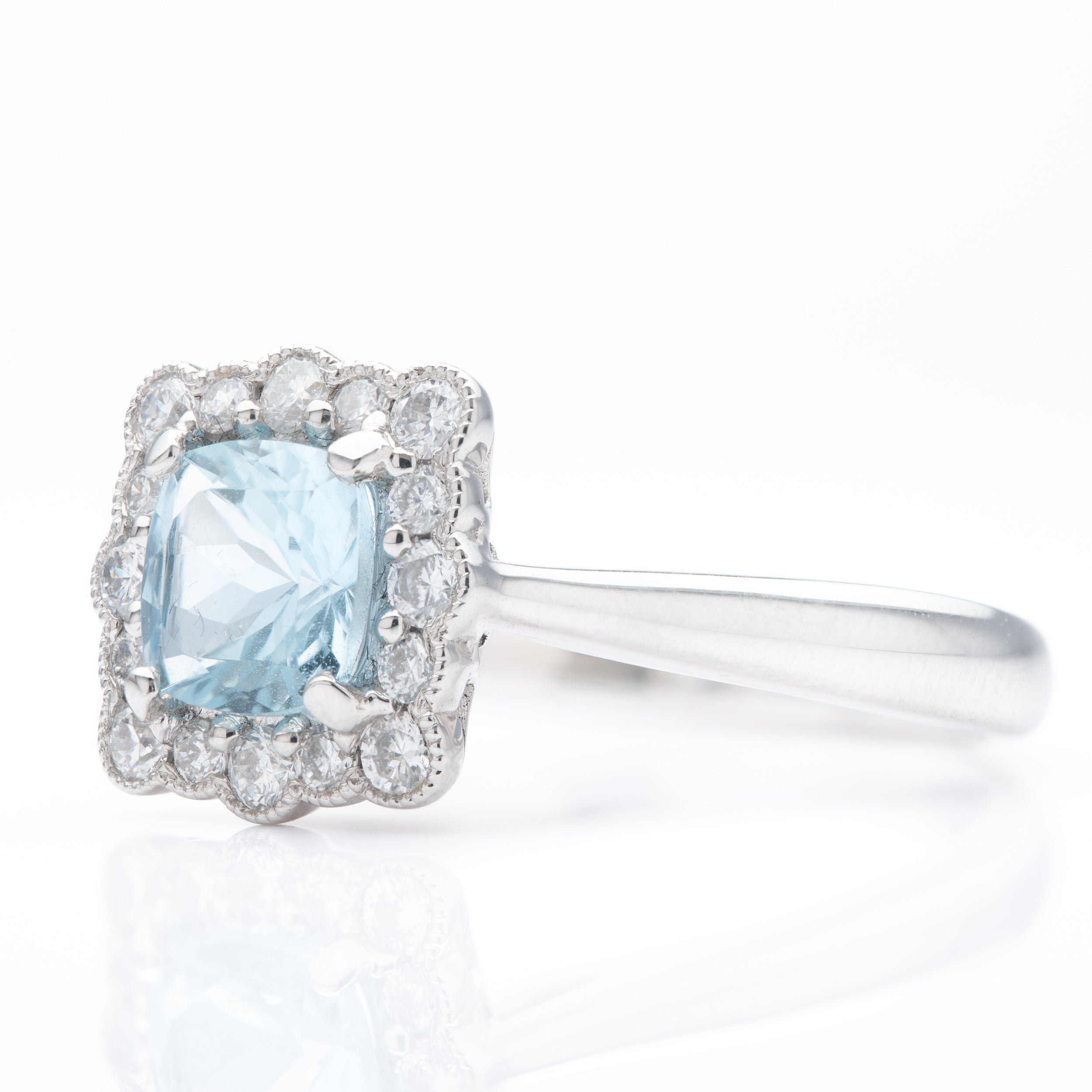 Platinum Cushion Cut Aquamarine & Round Brilliant Cut Diamond Vintage Inspired Halo Ring