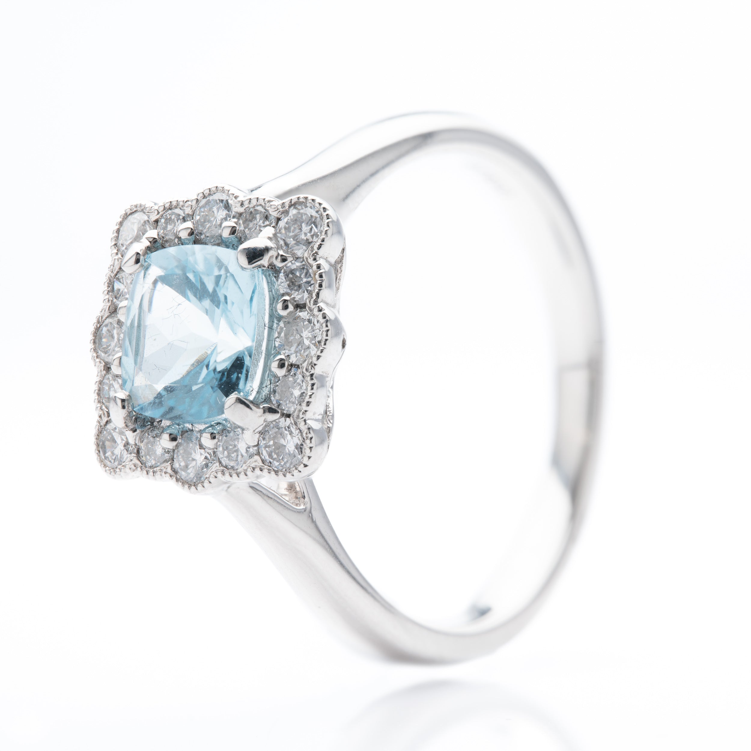 Platinum Cushion Cut Aquamarine & Round Brilliant Cut Diamond Vintage Inspired Halo Ring