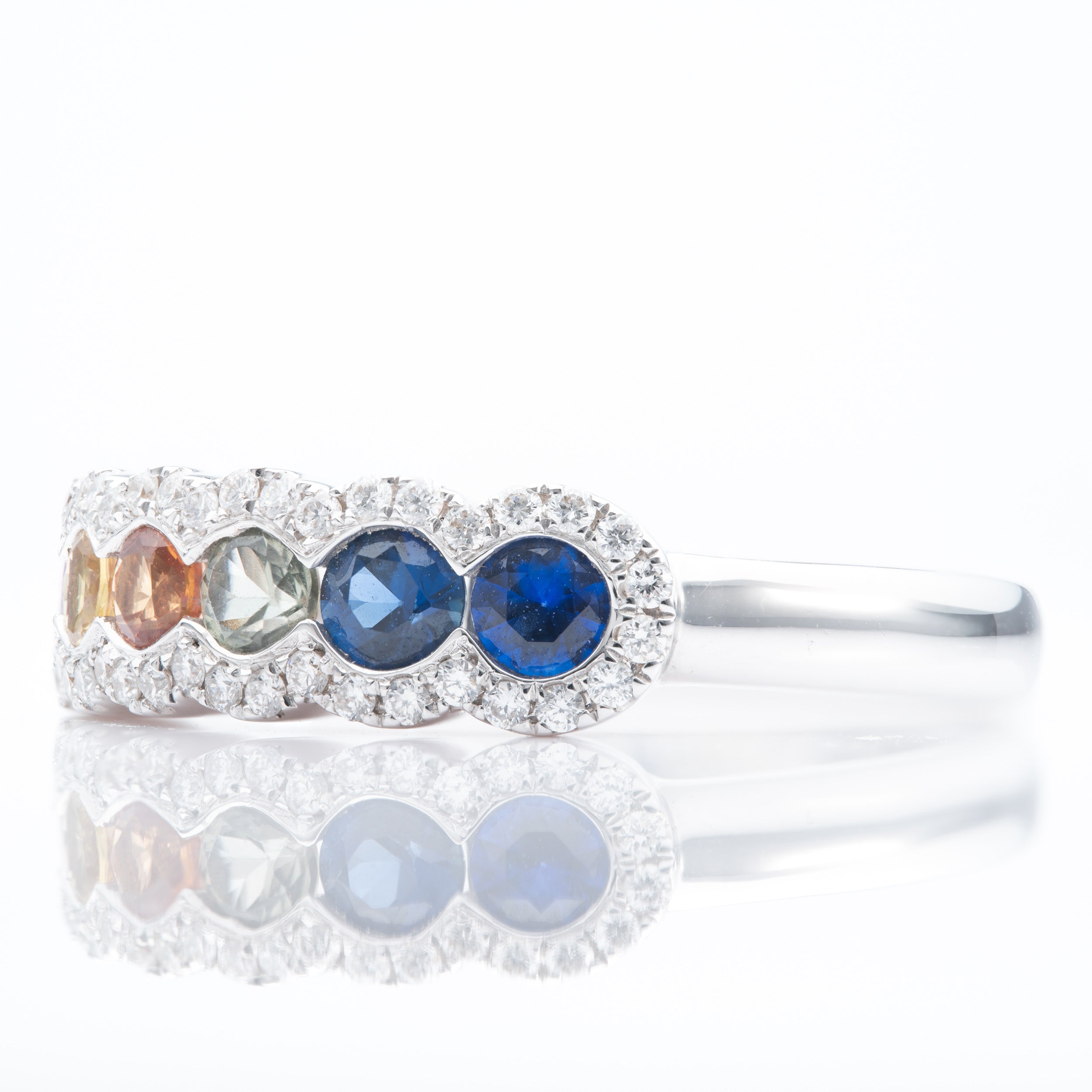 18ct White Gold Multi-Coloured Sapphire & Diamond Ring