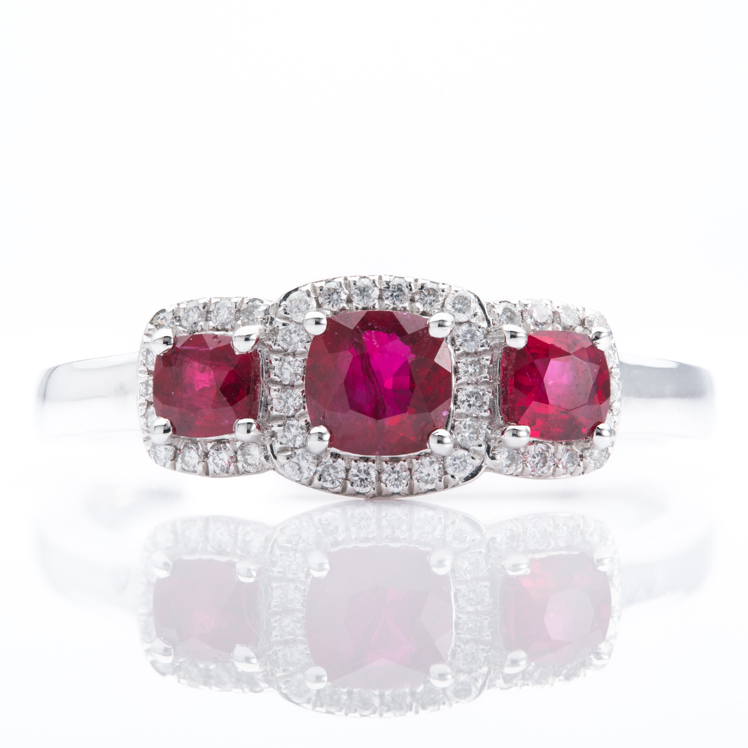 Platinum Cushion Cut Ruby & Brilliant Cut Diamond Triple Cluster Ring