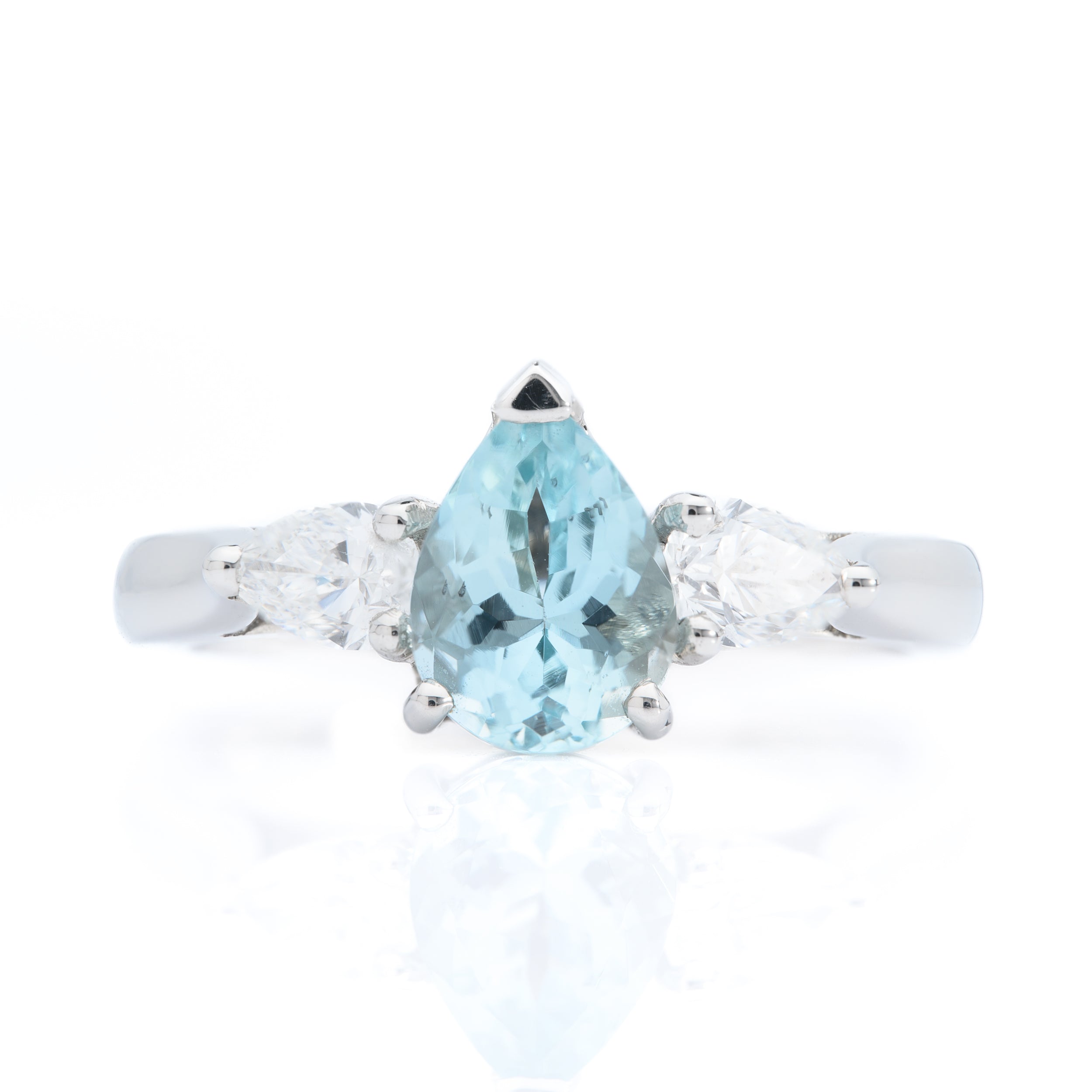 Platinum Pear Cut Aquamarine and Pear Cut Diamond Trilogy Ring