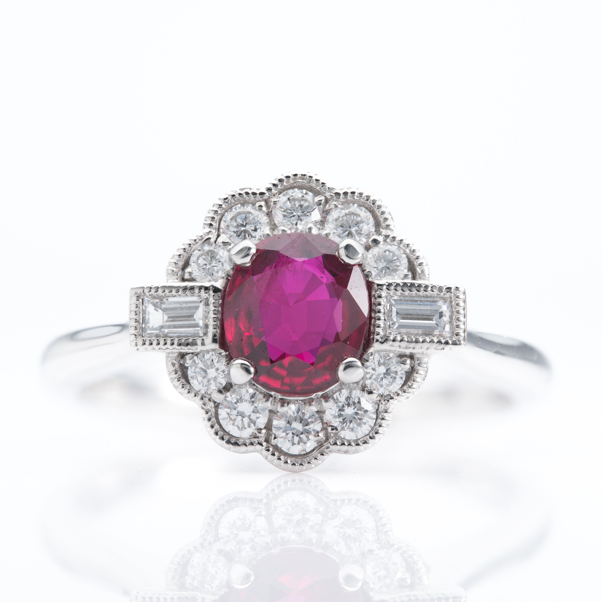 Platinum Round Cut Ruby & Brilliant Cut and Baguette Cut Diamond Cluster Ring