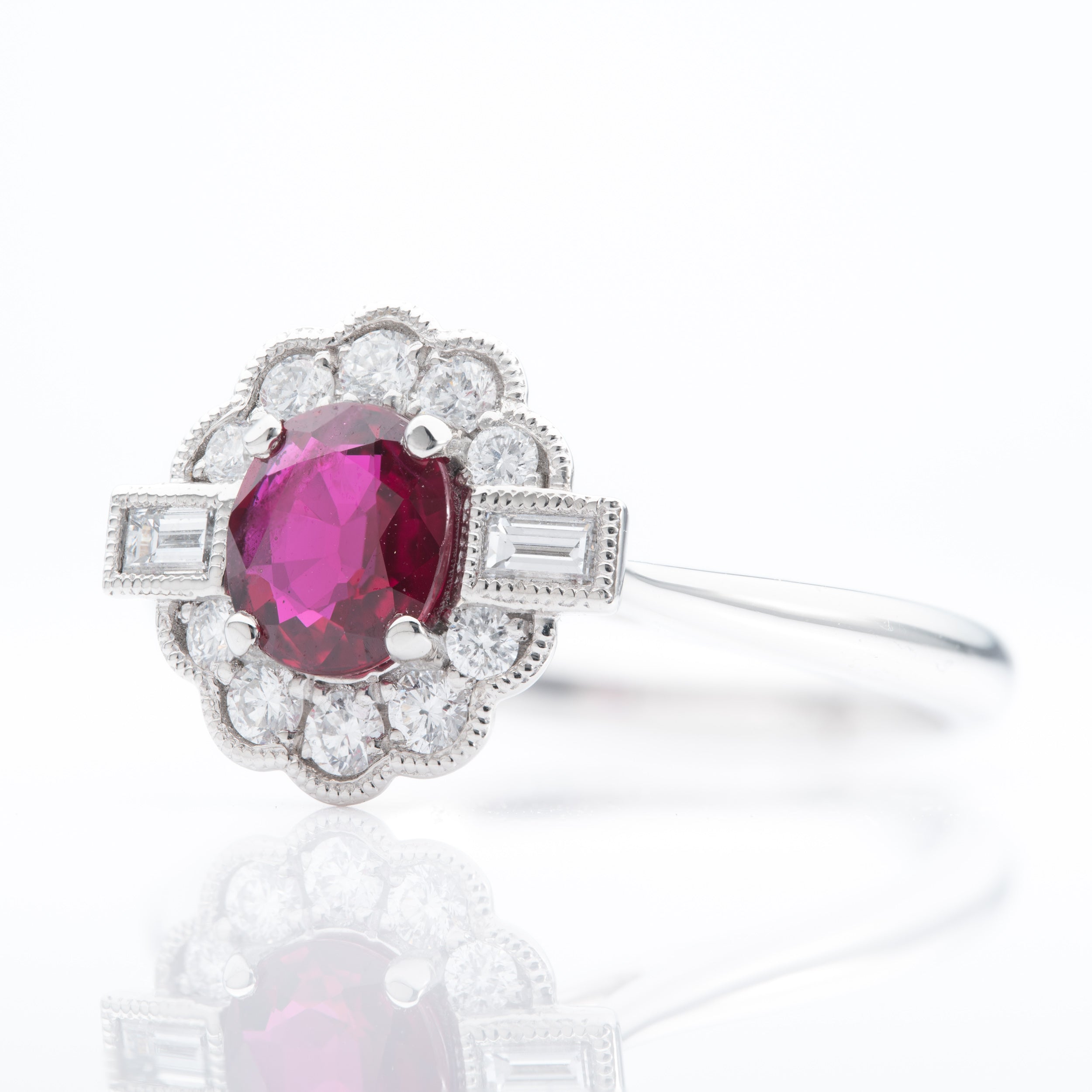 Platinum Round Cut Ruby & Brilliant Cut and Baguette Cut Diamond Cluster Ring