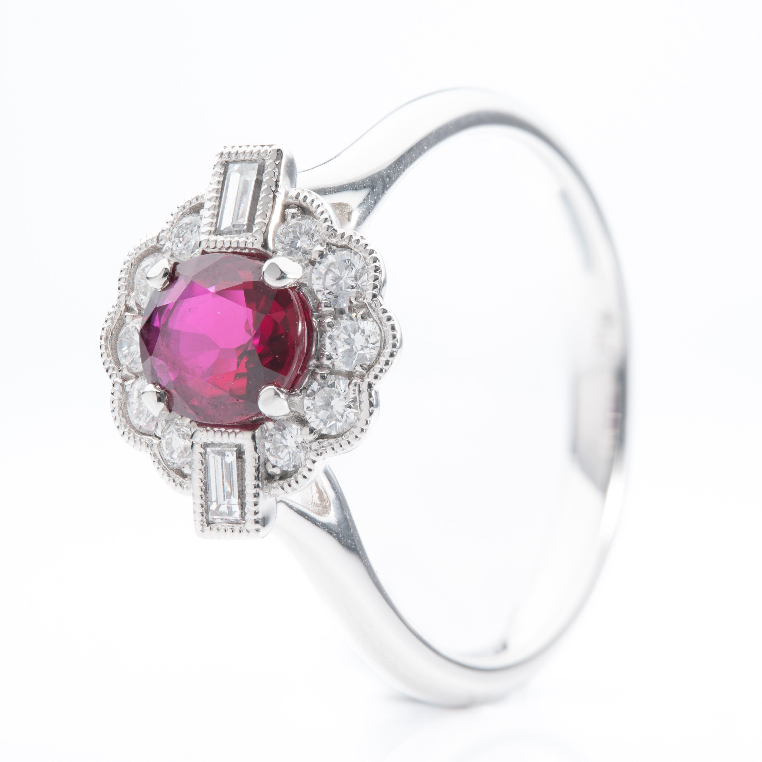 Platinum Round Cut Ruby & Brilliant Cut and Baguette Cut Diamond Cluster Ring