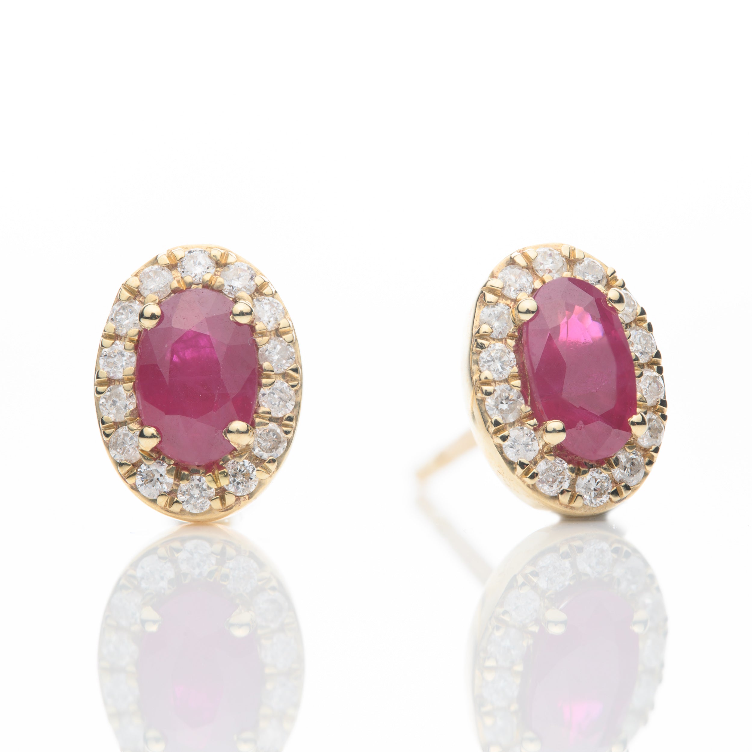 9ct Yellow Gold Oval Cut Ruby & Brilliant Cut Diamond Cluster Earrings