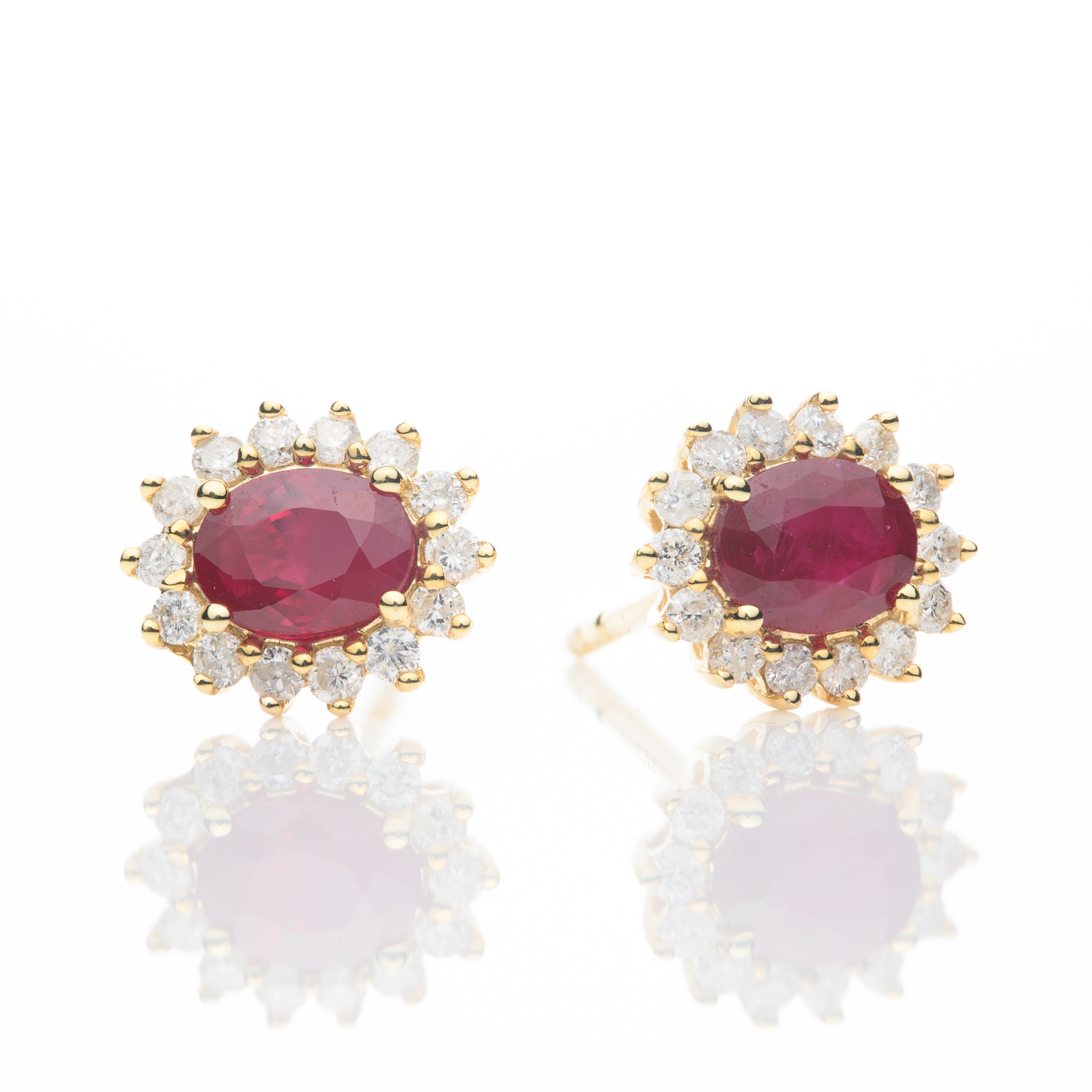 9ct Yellow Gold Oval Cut Ruby & Brilliant Cut Diamond Stud Earrings