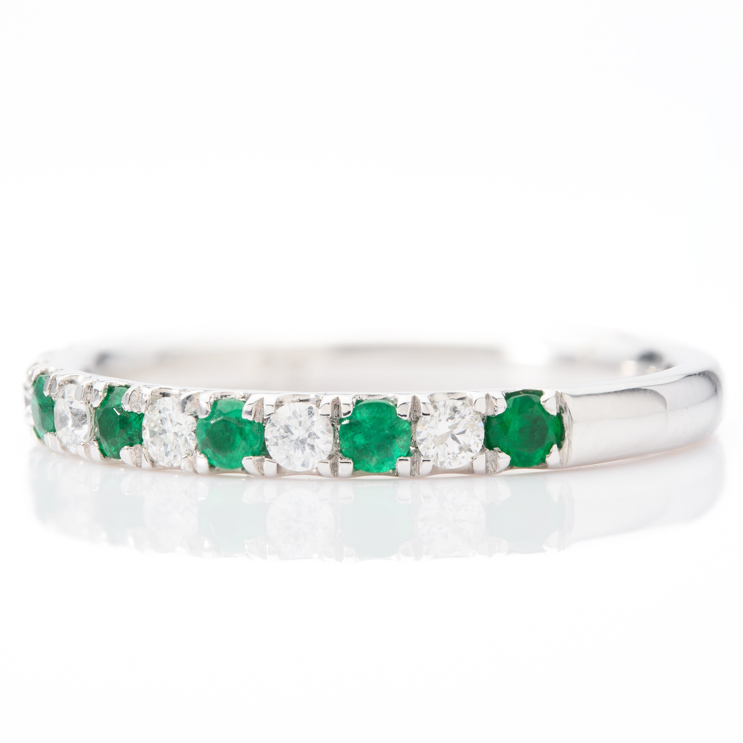 Platinum Round Cut Emerald & Round Brilliant Cut Diamond Claw Set Half Eternity Ring