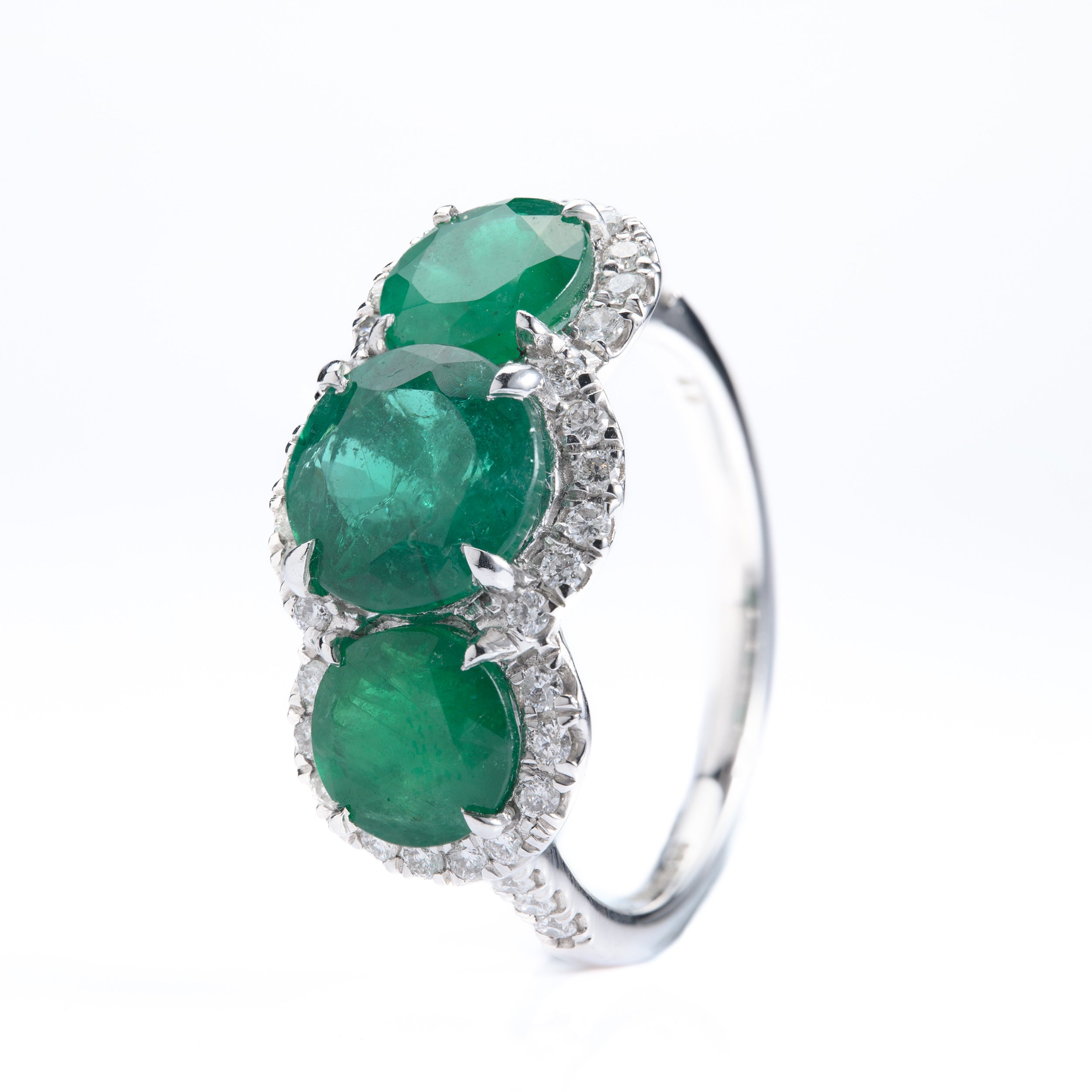 Platinum Round Cut Emerald & Round Brilliant Cut Diamond Triple Halo Cluster Ring