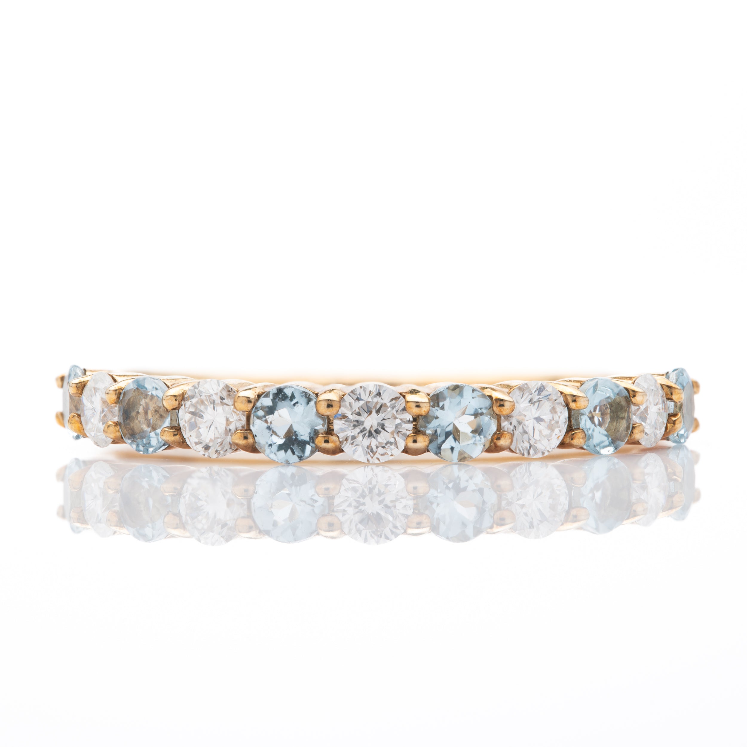 9ct Yellow Gold Round Cut Aquamarine & Round Brilliant Cut Diamond Claw Set Half Eternity Ring