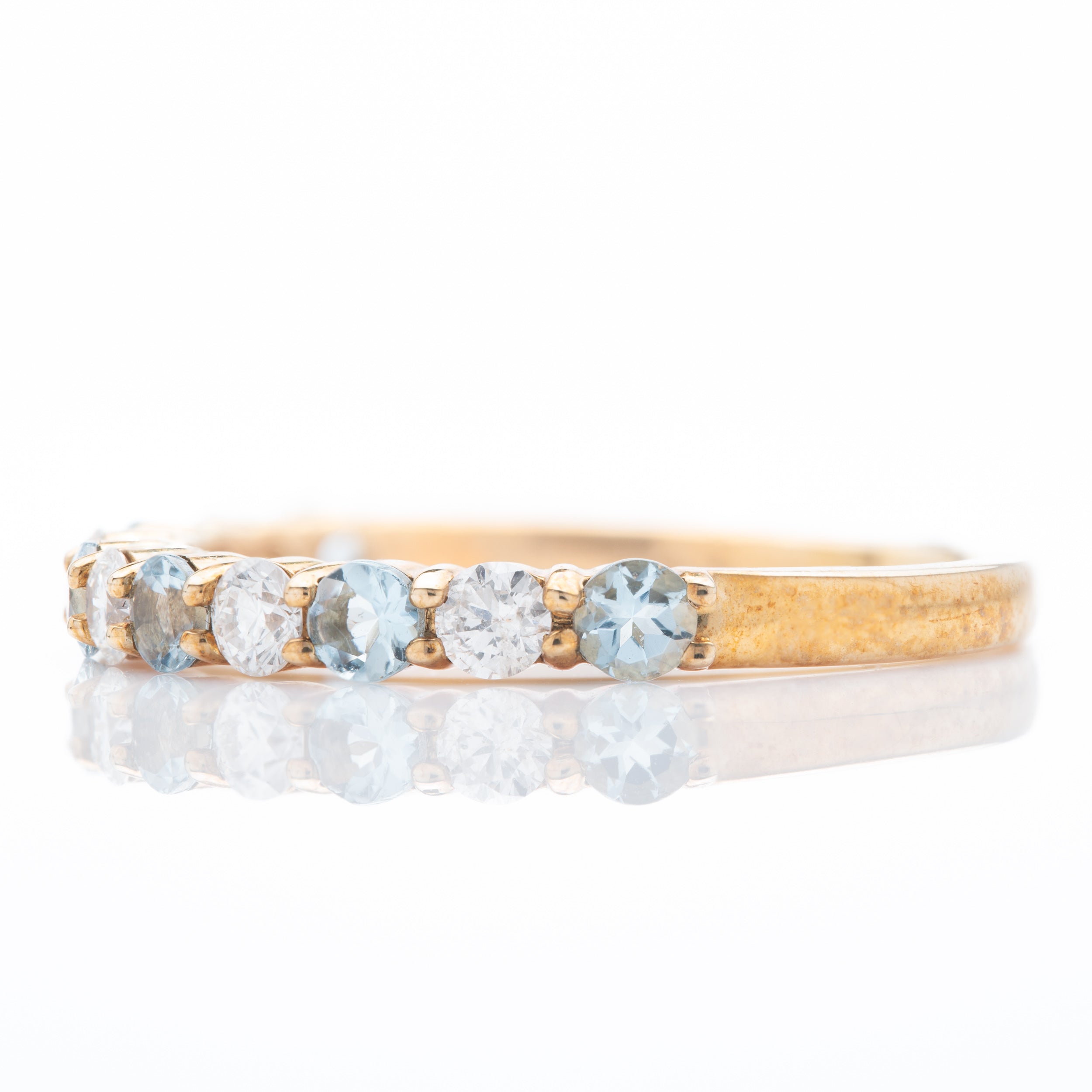 9ct Yellow Gold Round Cut Aquamarine & Round Brilliant Cut Diamond Claw Set Half Eternity Ring