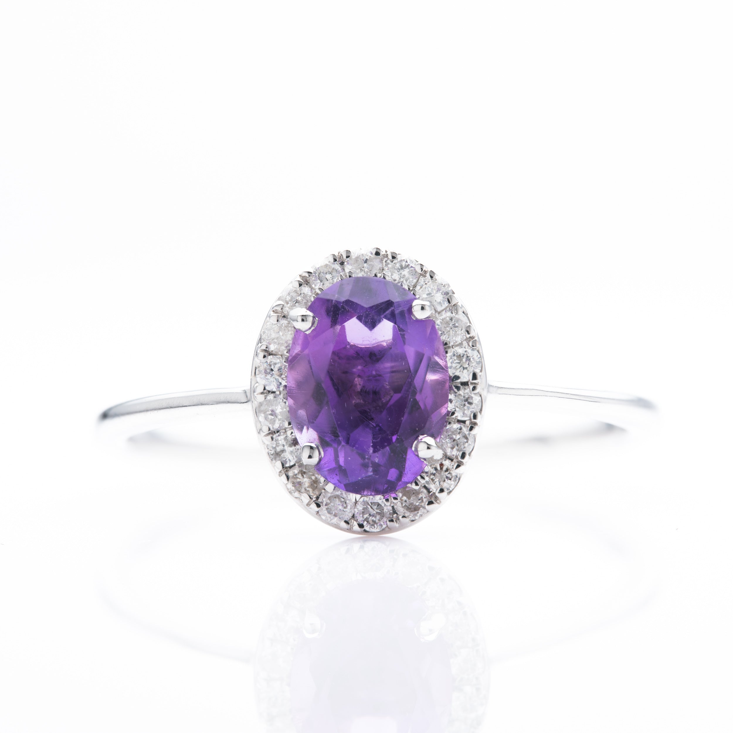 9ct White Gold Oval Cut Amethyst & Round Brilliant Cut Diamond Halo Cluster Ring