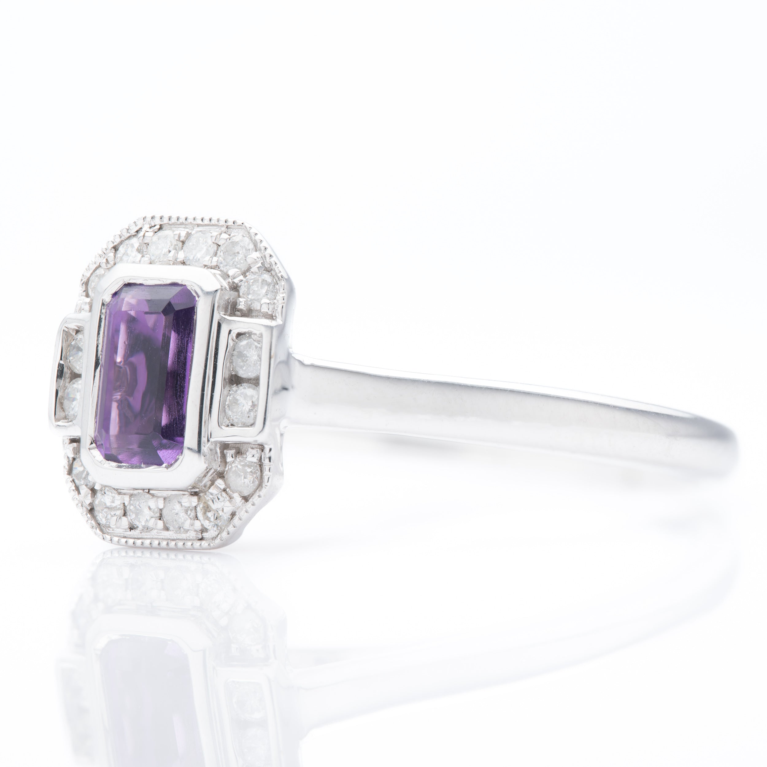 9ct White Gold Octagonal Cut Amethyst & Round Brilliant Cut Diamond Halo Cluster Ring