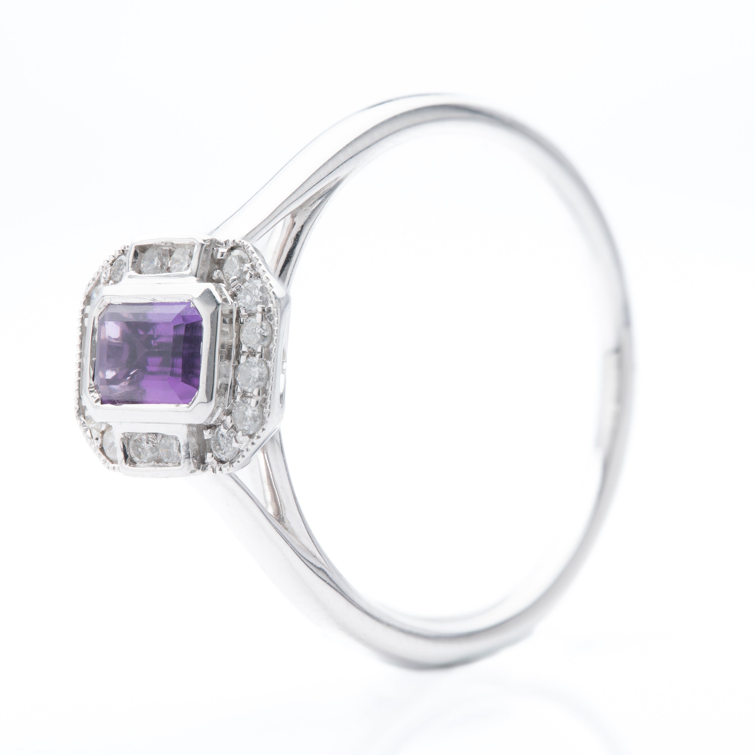 9ct White Gold Octagonal Cut Amethyst & Round Brilliant Cut Diamond Halo Cluster Ring