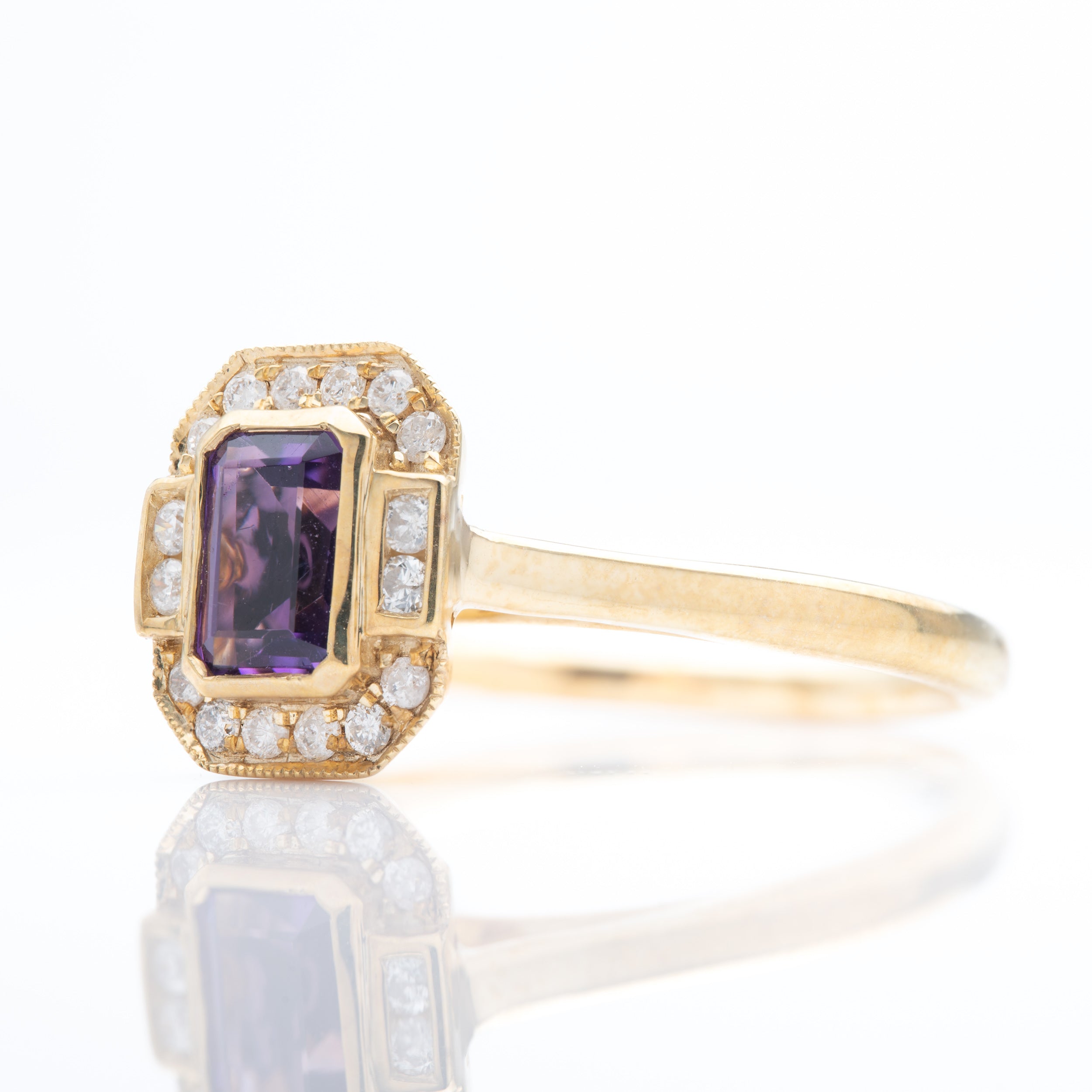 9ct Yellow Gold Octagonal Cut Amethyst & Round Brilliant Cut Diamond Halo Cluster Ring