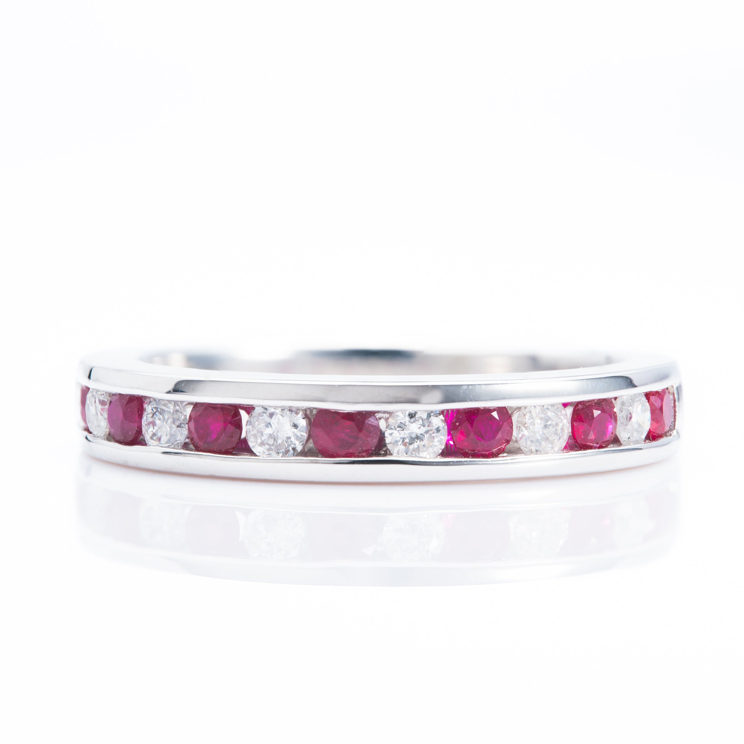 Platinum Round Cut Ruby & Round Brilliant Cut Diamond Channel Set Half Eternity Ring