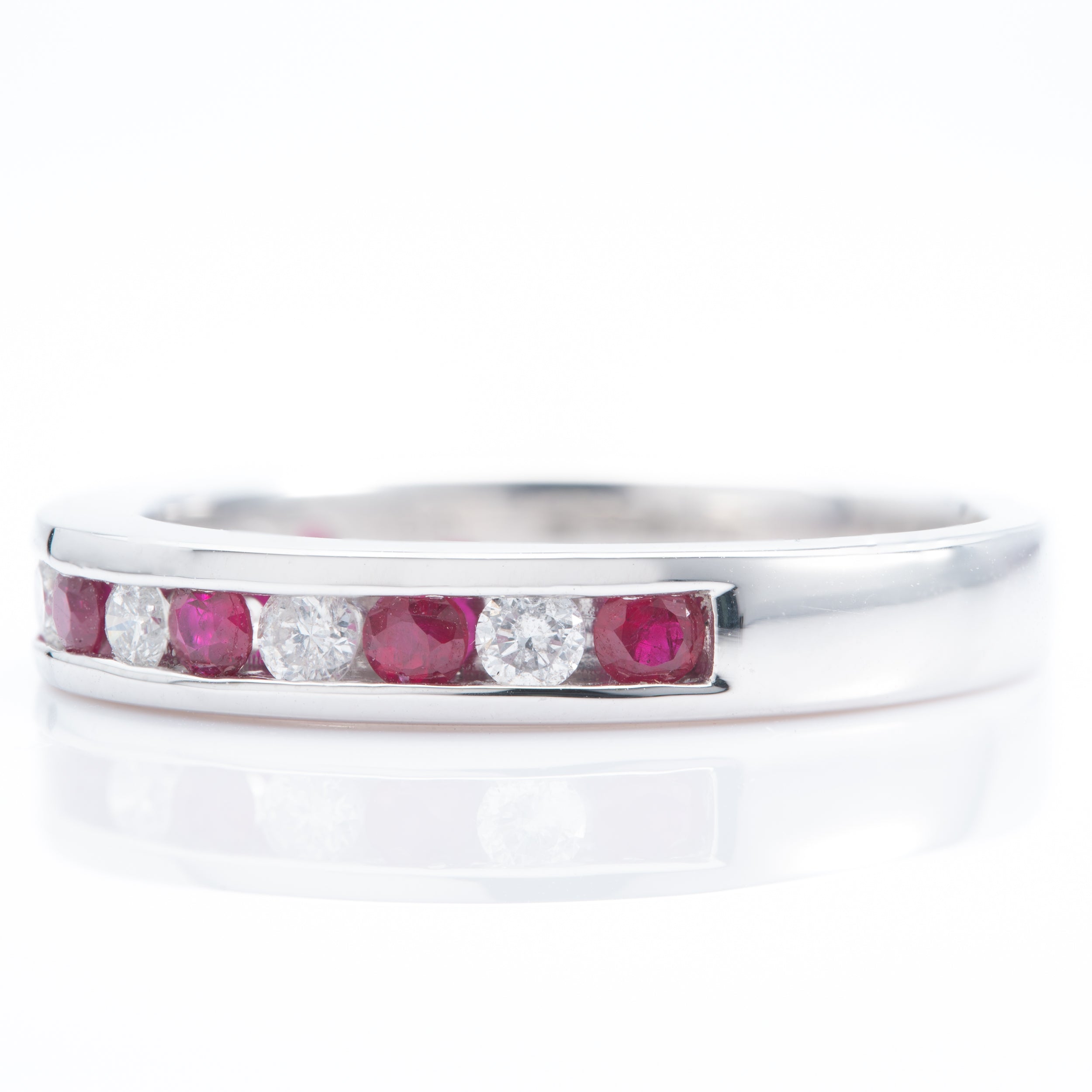 Platinum Round Cut Ruby & Round Brilliant Cut Diamond Channel Set Half Eternity Ring