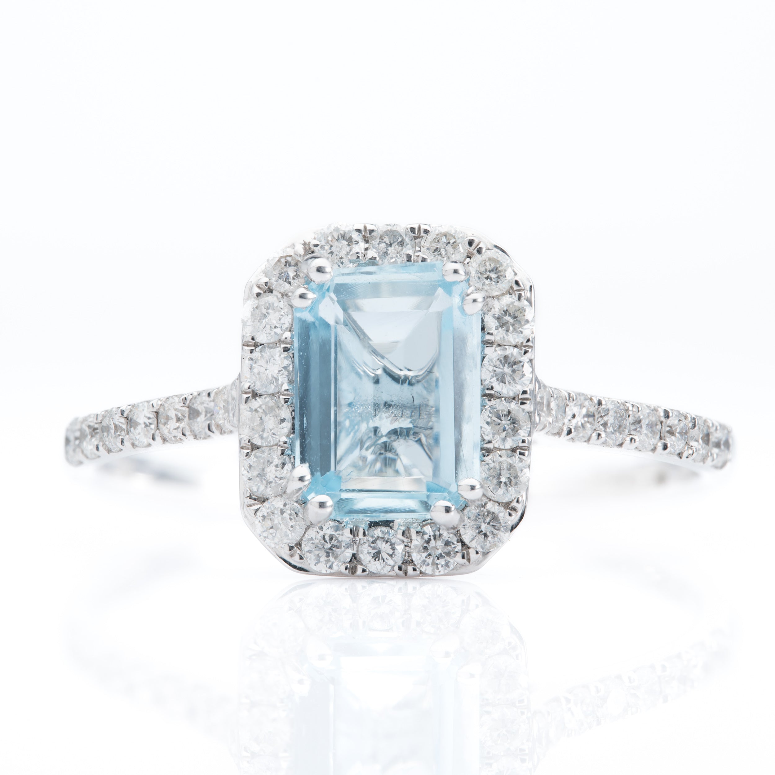 9ct White Gold Emerald cut Aquamarine Halo Cluster Ring with Diamond Shoulders