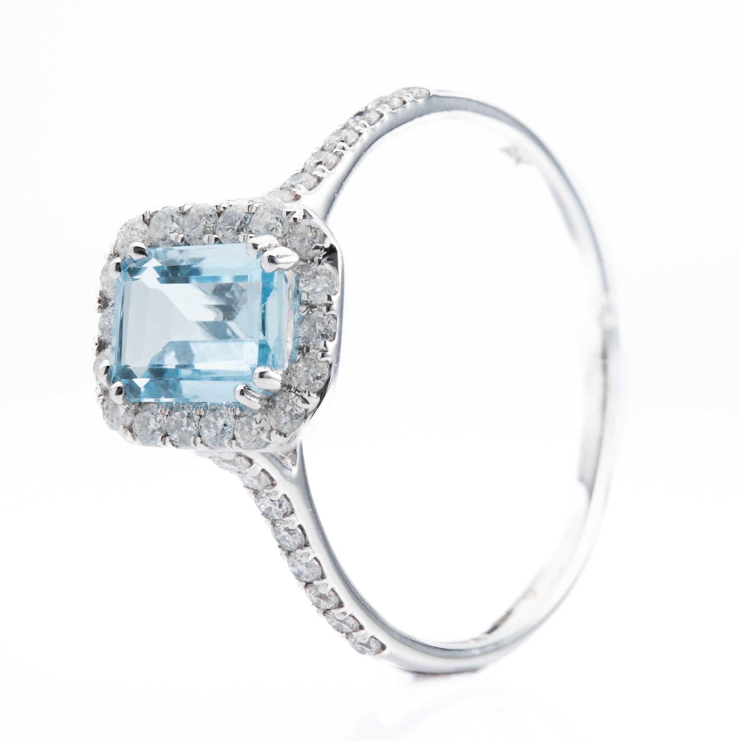 9ct White Gold Emerald cut Aquamarine Halo Cluster Ring with Diamond Shoulders