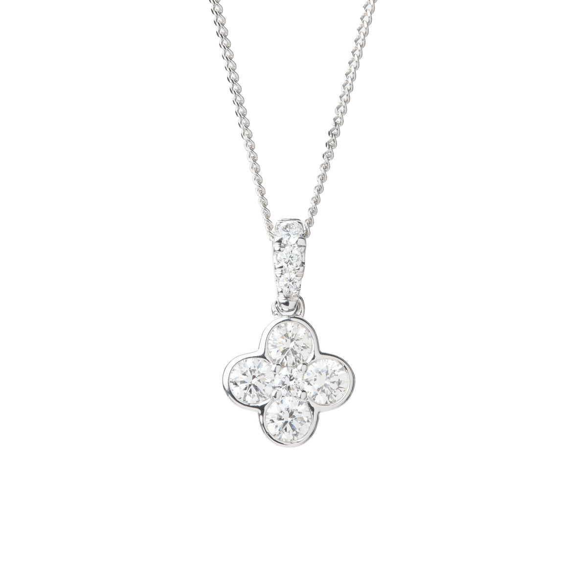 9ct White Gold Diamond Set Clover Pendant with 18" Fine Curb Chain