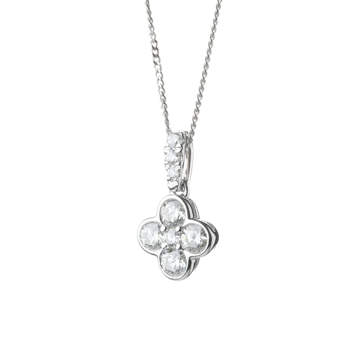 9ct White Gold Diamond Set Clover Pendant with 18" Fine Curb Chain