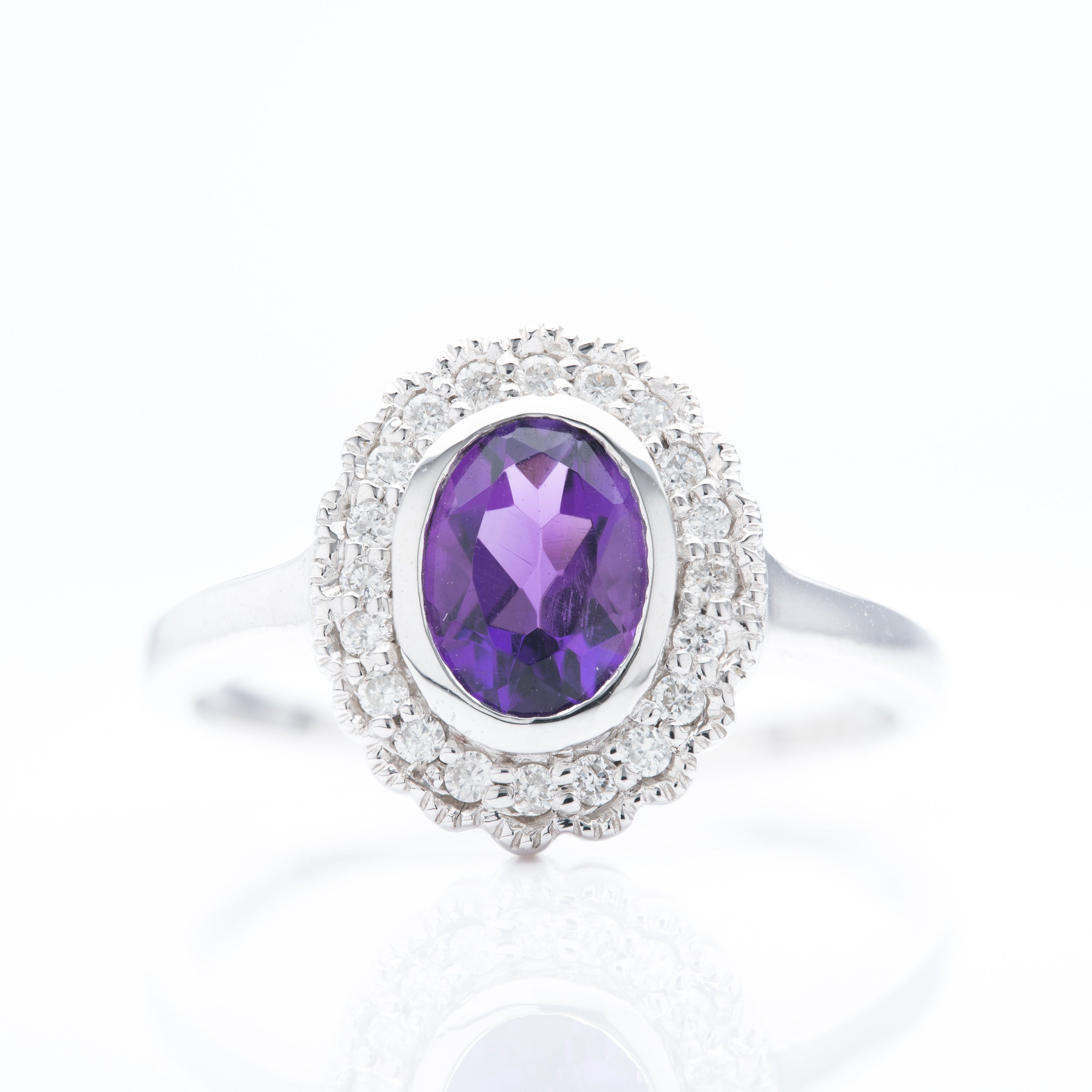 9ct White Gold Oval Cut Amethyst & Round Brilliant Cut Diamond Halo Cluster Ring