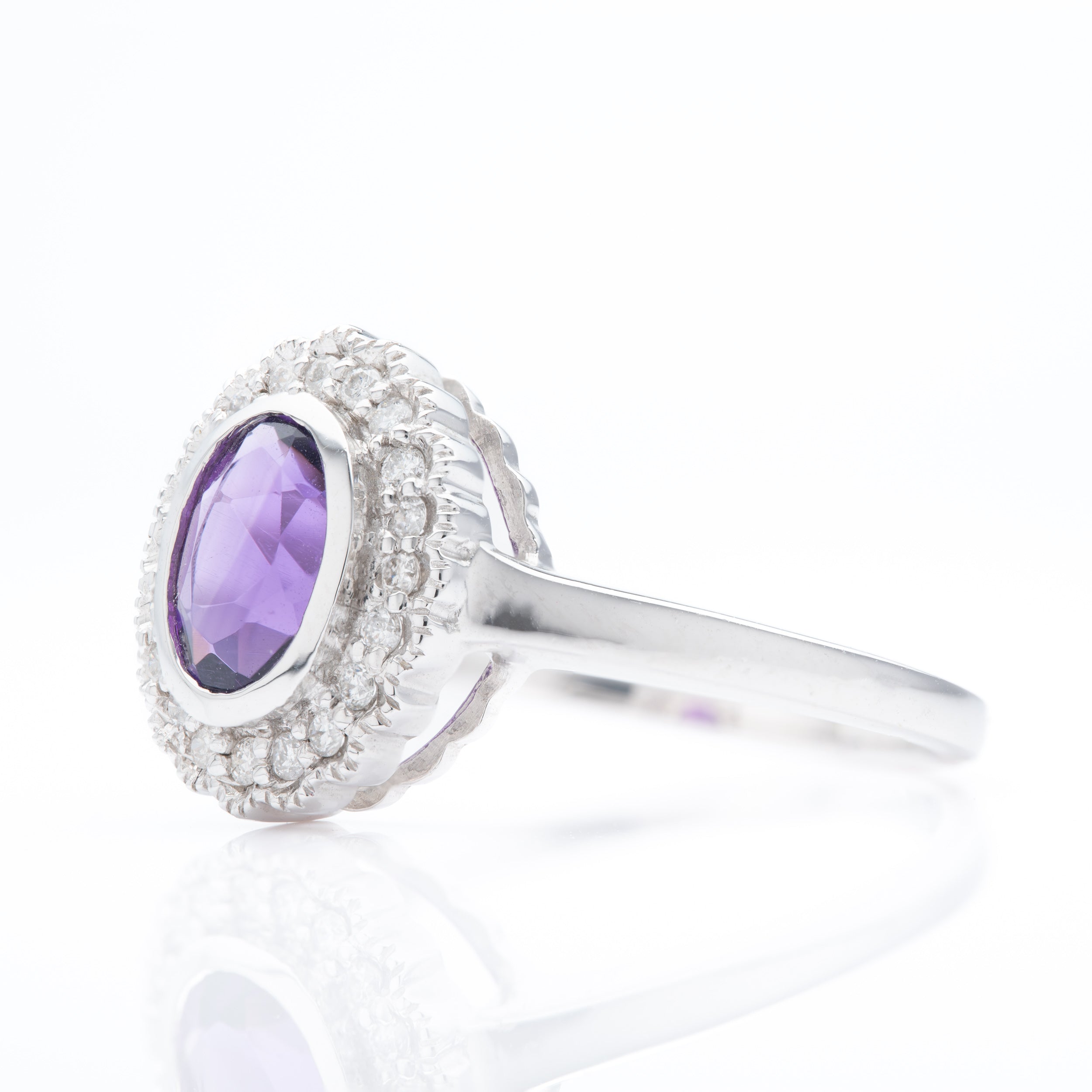 9ct White Gold Oval Cut Amethyst & Round Brilliant Cut Diamond Halo Cluster Ring