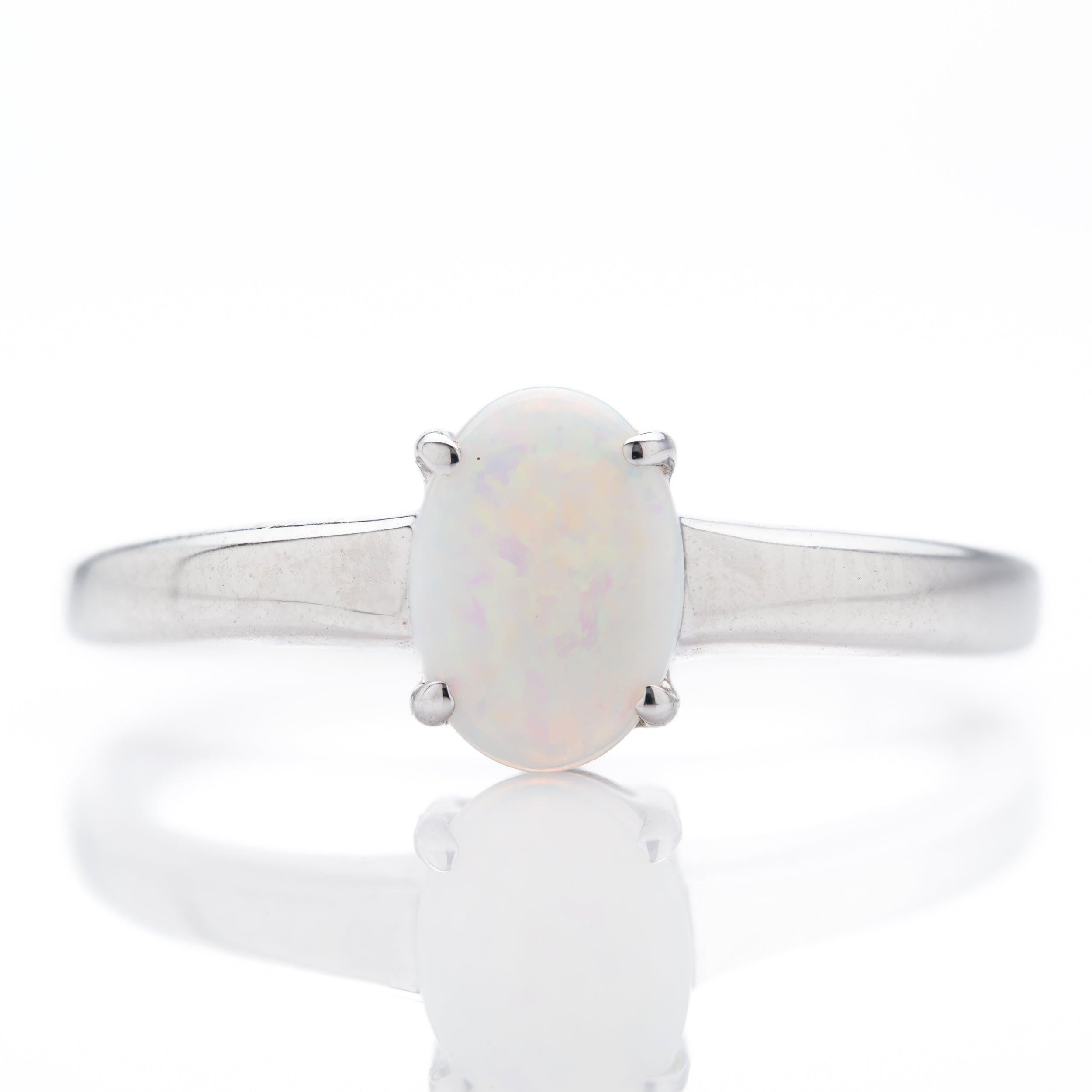 9ct White Gold Oval Cabochan Opal Claw Set Ring