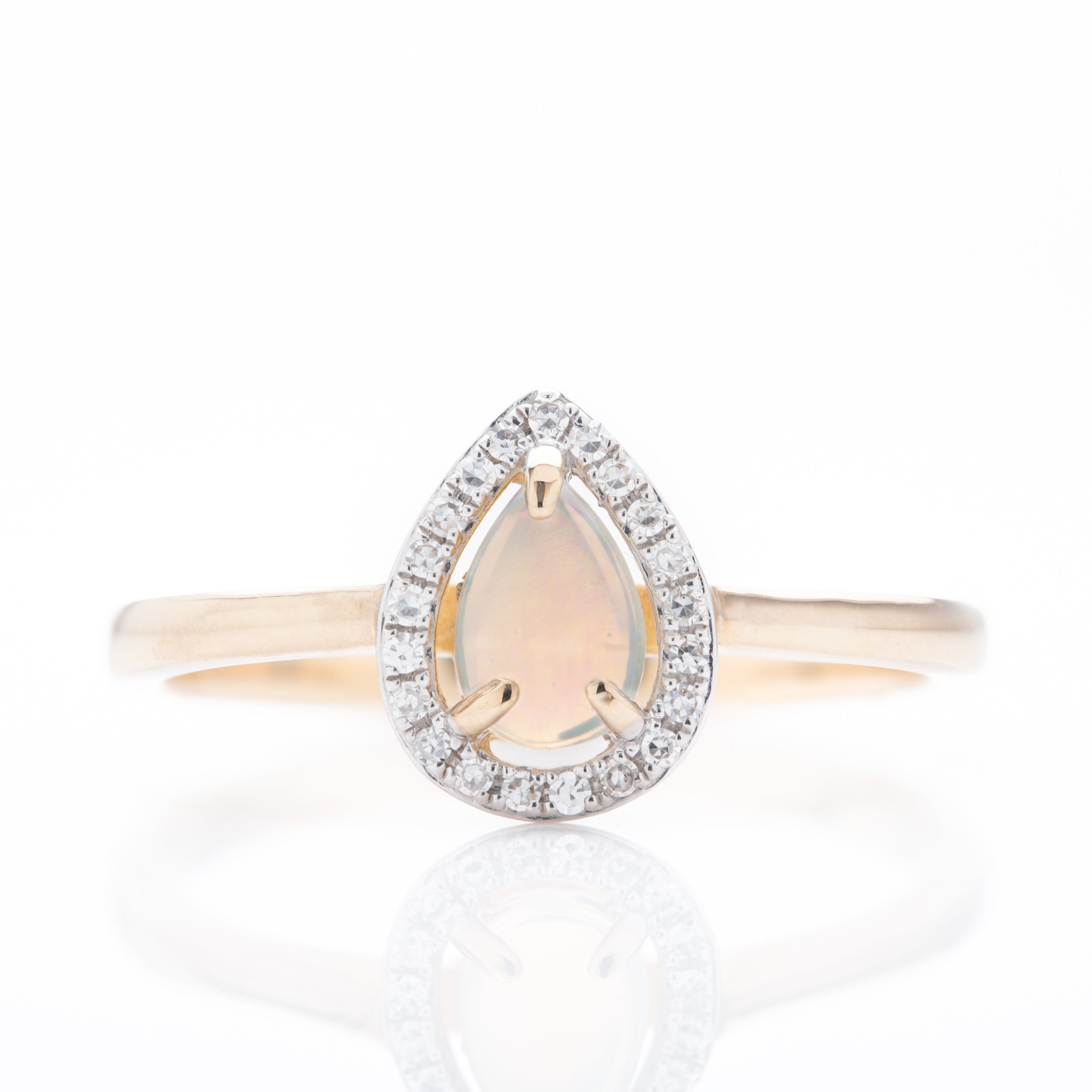 9ct Gold Pear Shaped Opal & Round Brilliant Cut Diamond Halo Cluster Ring