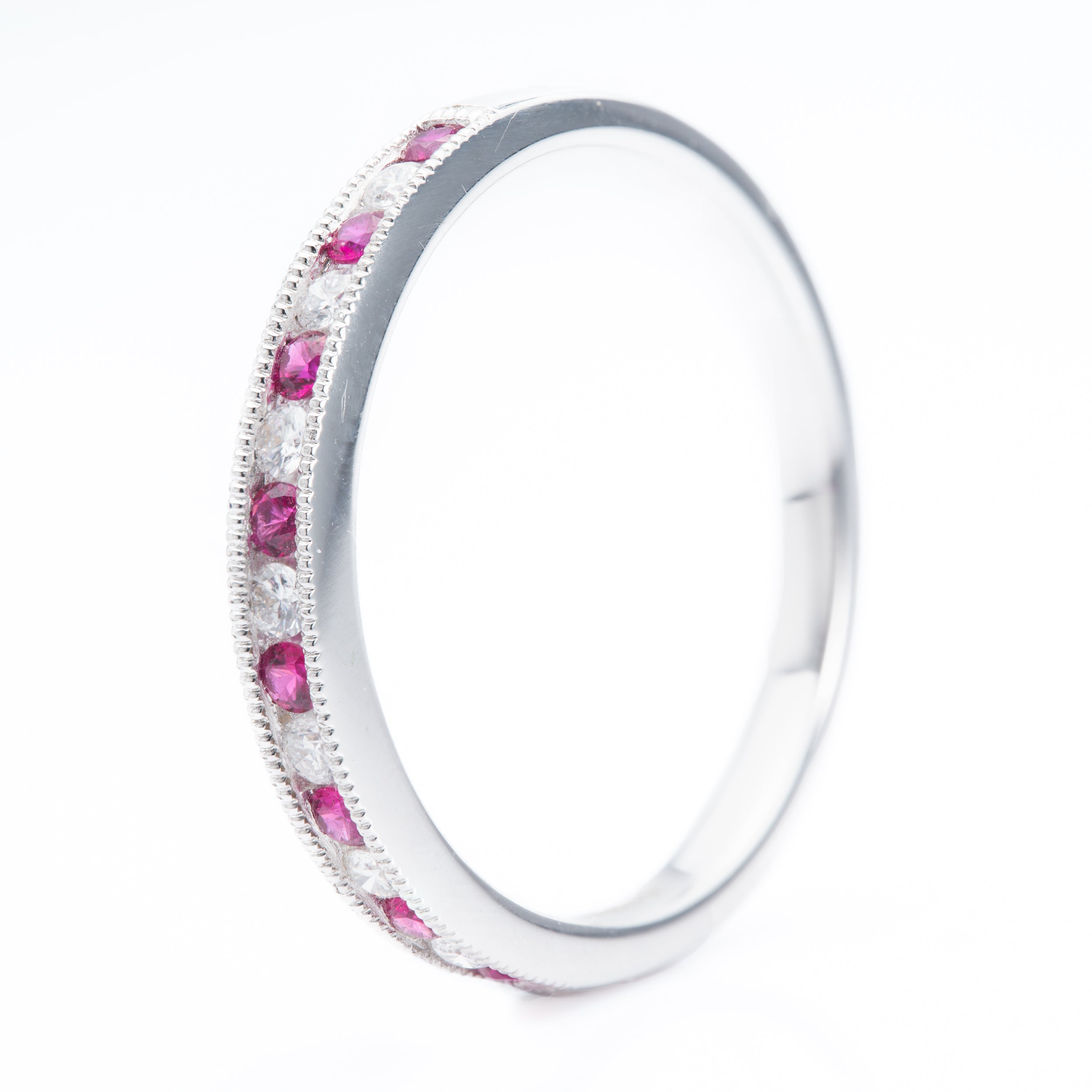 18ct White Gold Round Cut Ruby & Round Brilliant Cut Diamond Milgrain Edged Channel Set Half Eternity Ring