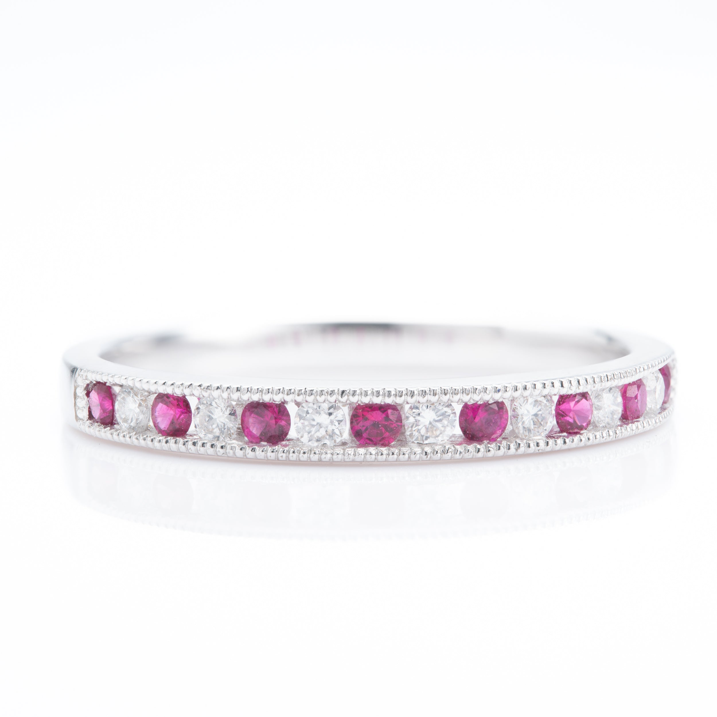18ct White Gold Round Cut Ruby & Round Brilliant Cut Diamond Milgrain Edged Channel Set Half Eternity Ring